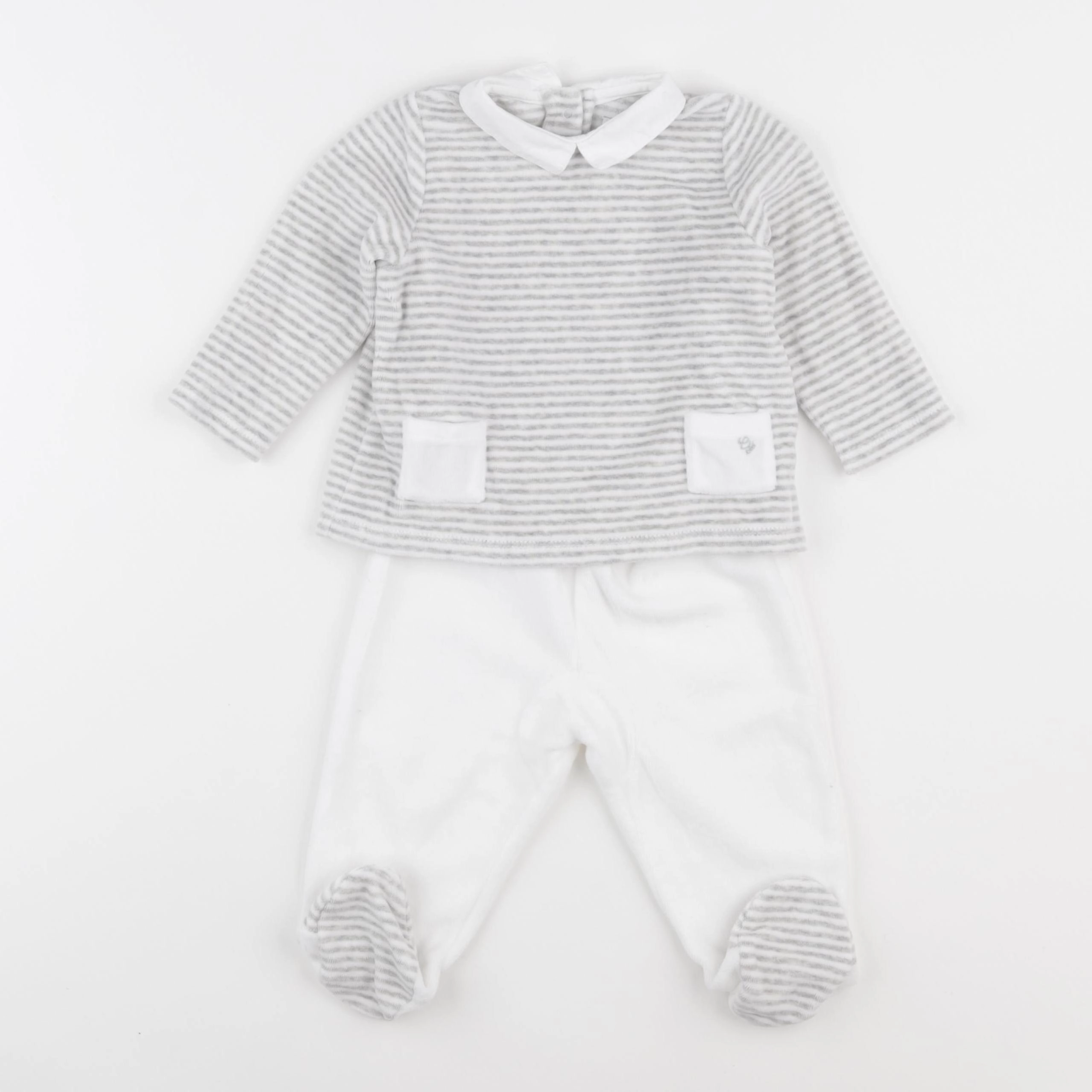 Cyrillus - pyjama velours blanc, gris - 9 mois