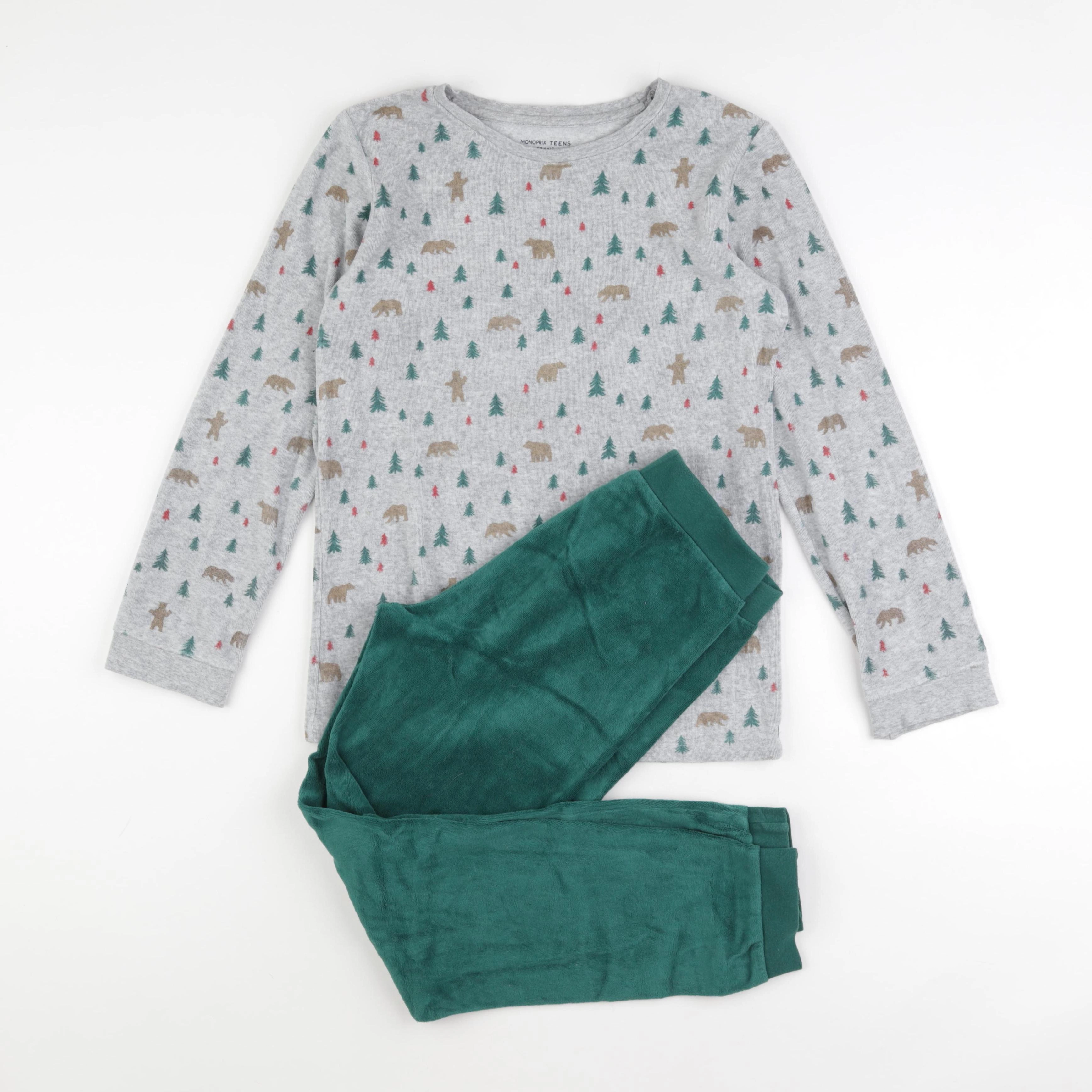 Monoprix - pyjama velours gris, vert - 12 ans