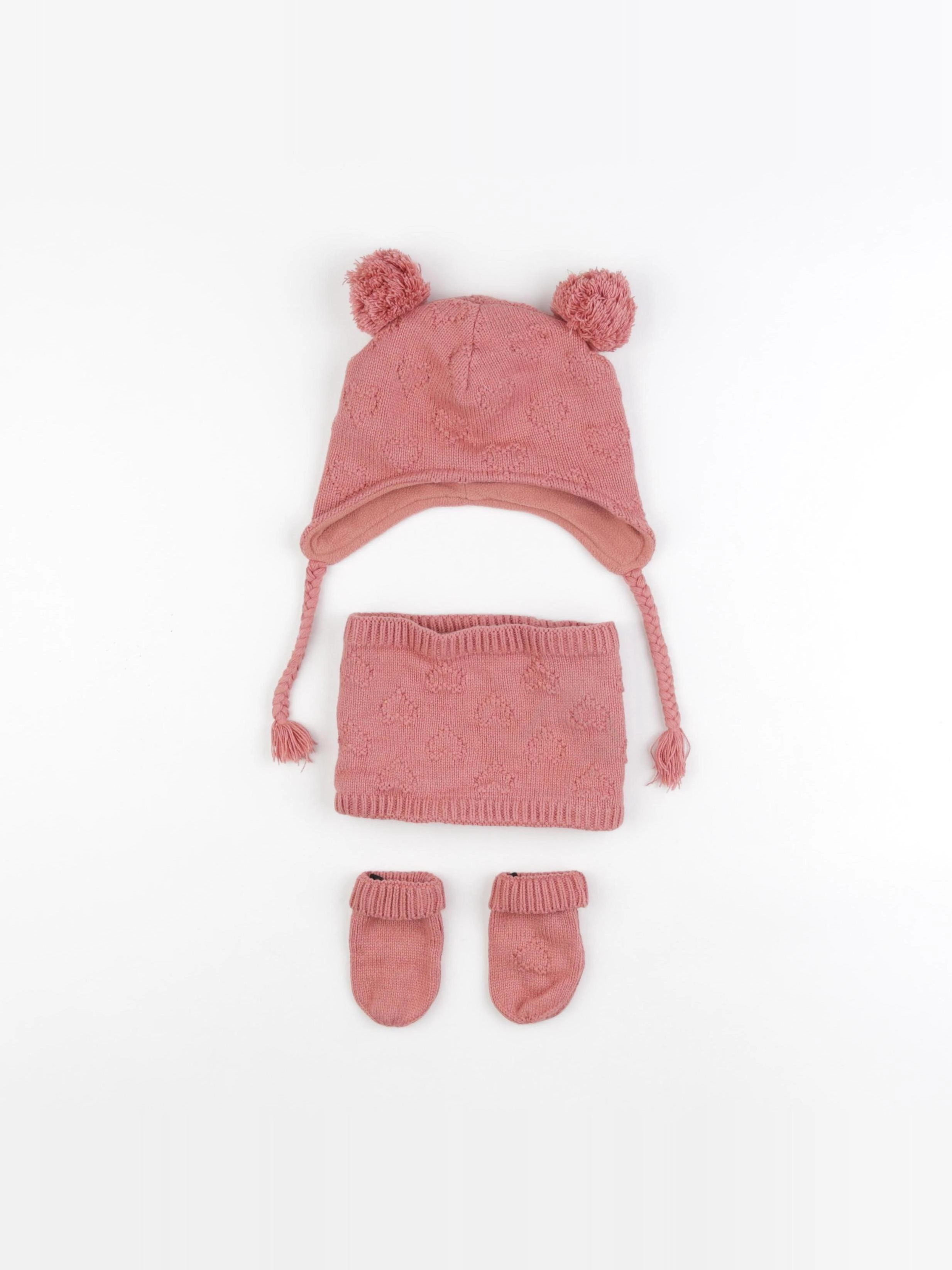 Vertbaudet - ensemble bonnet/moufles/tour de cou rose - 12/18 mois