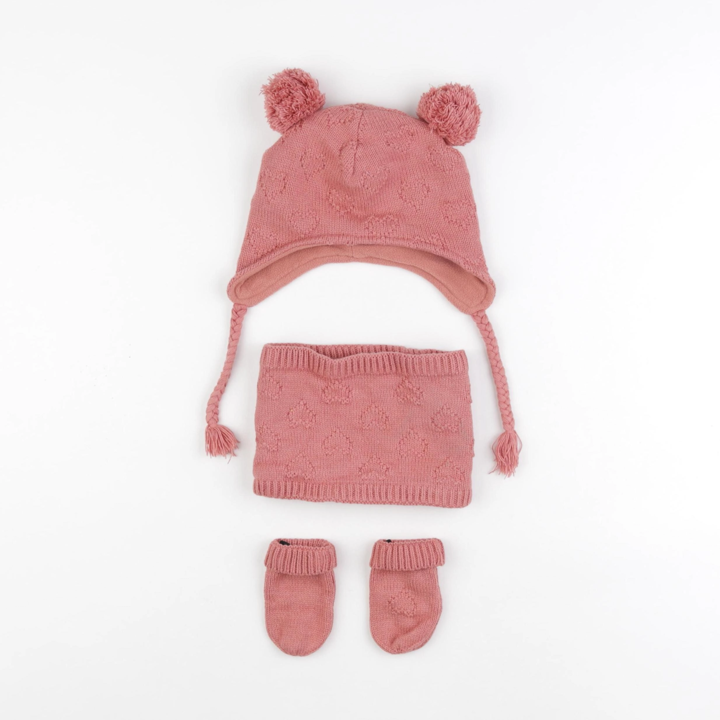 Vertbaudet - ensemble bonnet/moufles/tour de cou rose - 12/18 mois