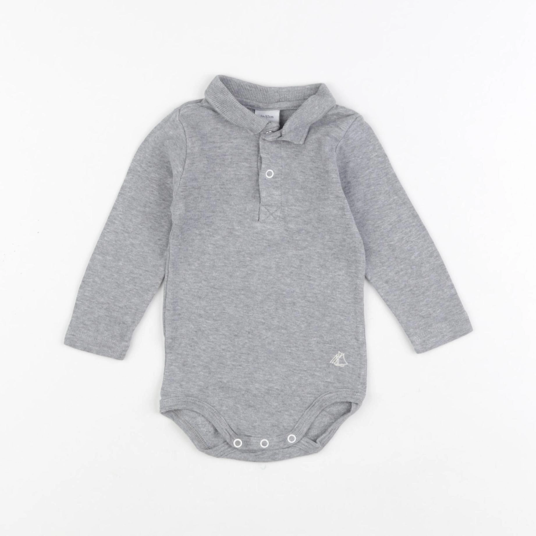 Petit Bateau - body à col gris - 6 mois