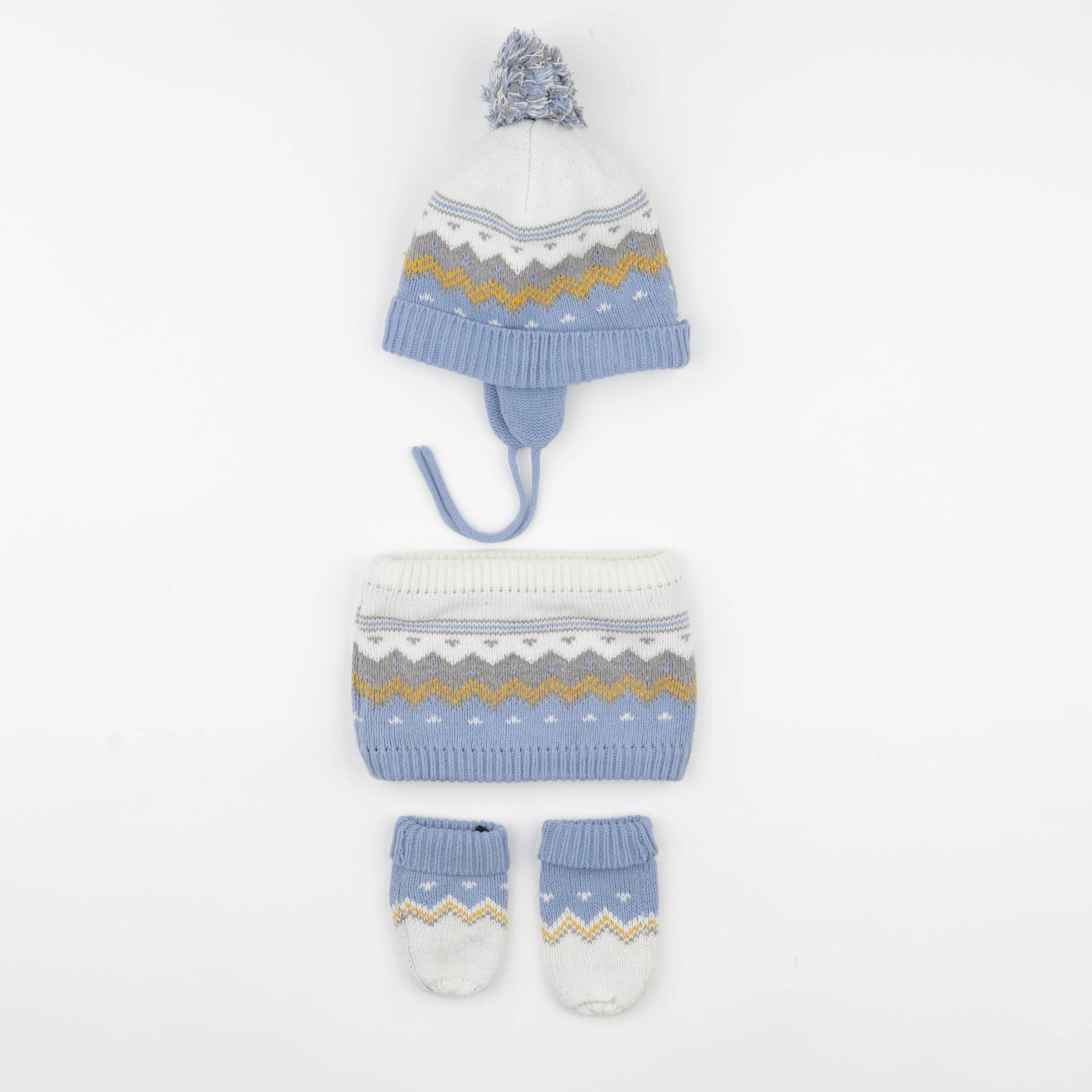 Vertbaudet - ensemble bonnet/moufles/tour de cou bleu, blanc, gris - 12/18 mois