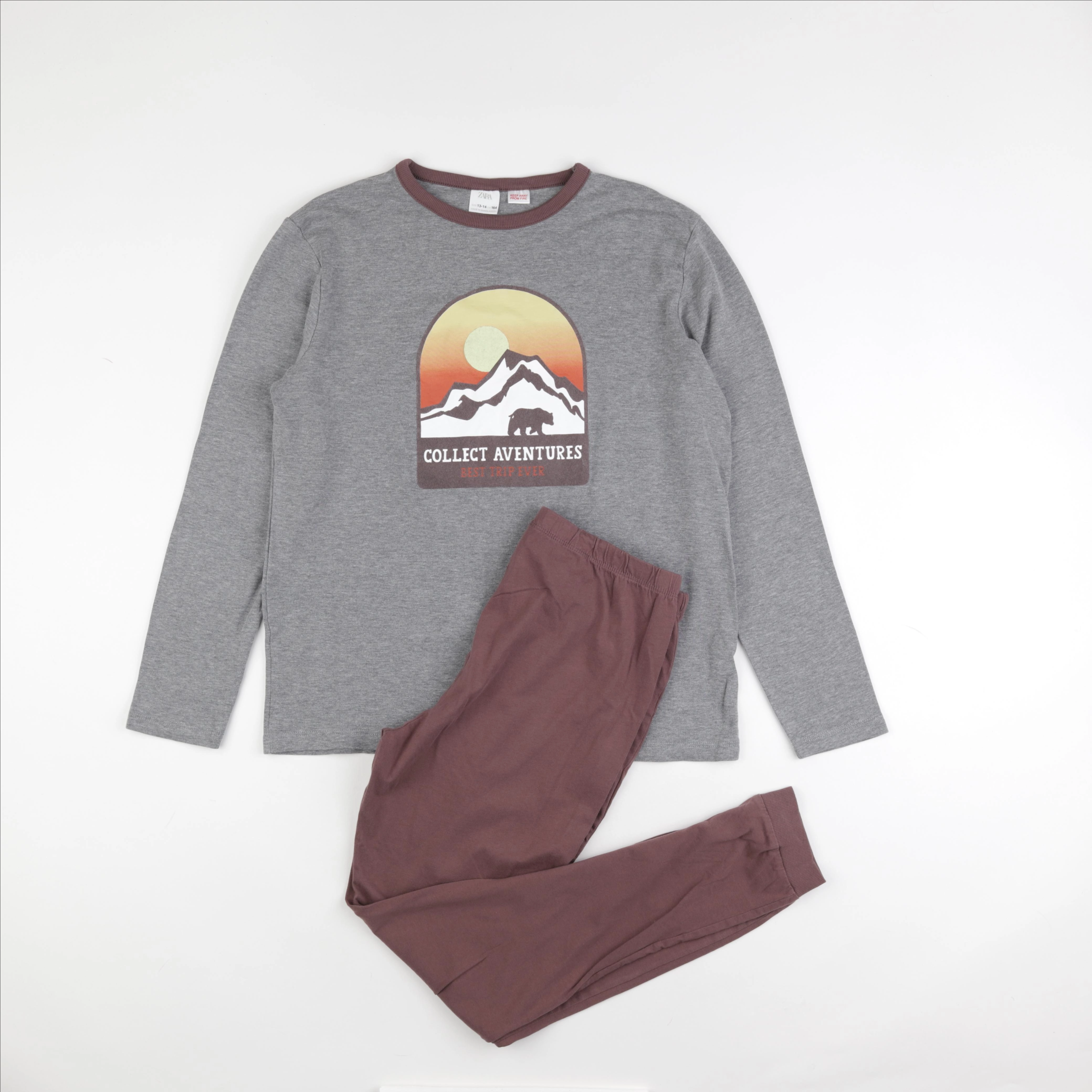 Zara - pyjama coton gris, marron - 13/14 ans