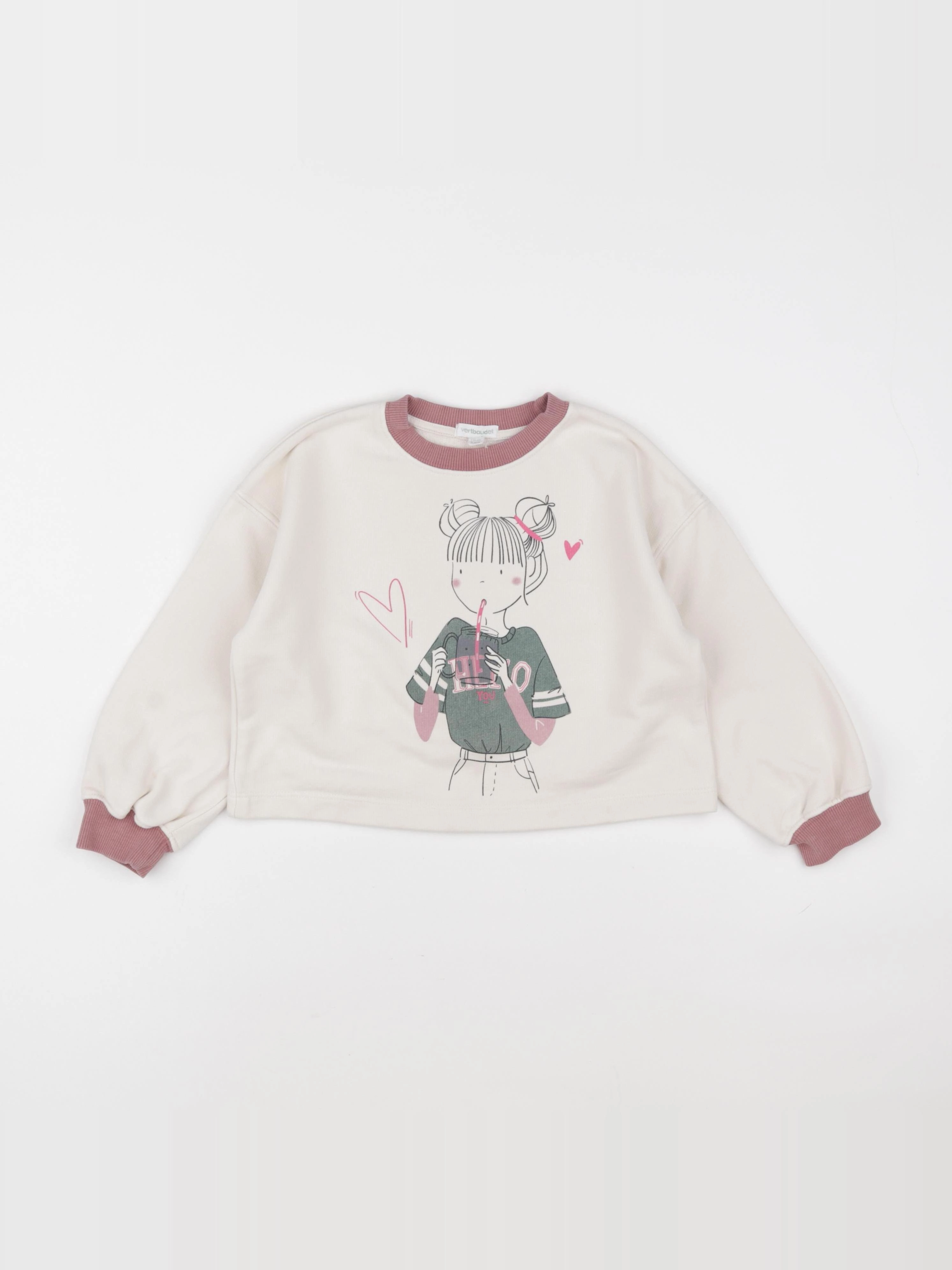 Vertbaudet - sweat blanc, rose - 5 ans