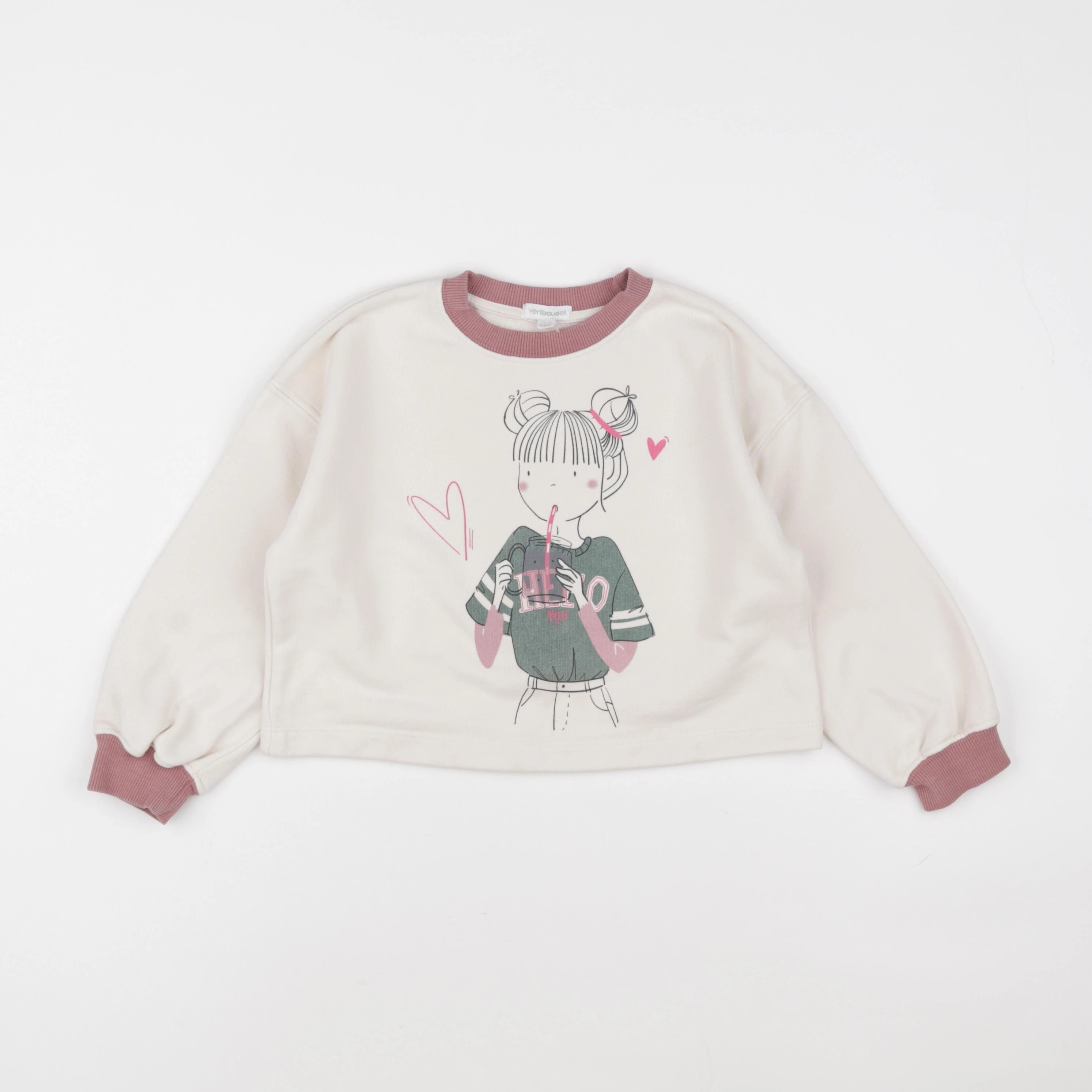 Vertbaudet - sweat blanc, rose - 5 ans