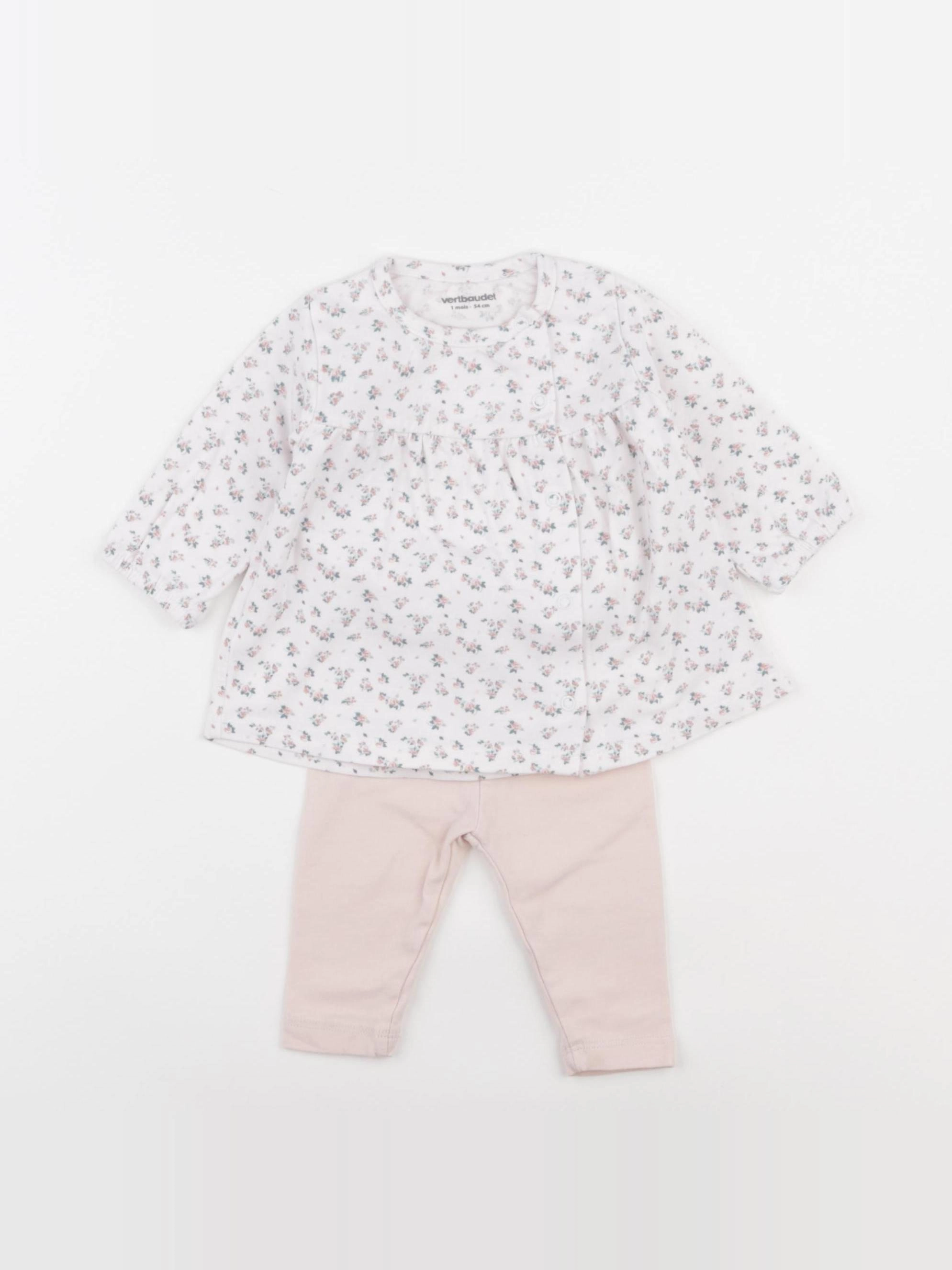 Vertbaudet - ensemble blanc, rose - 1 mois