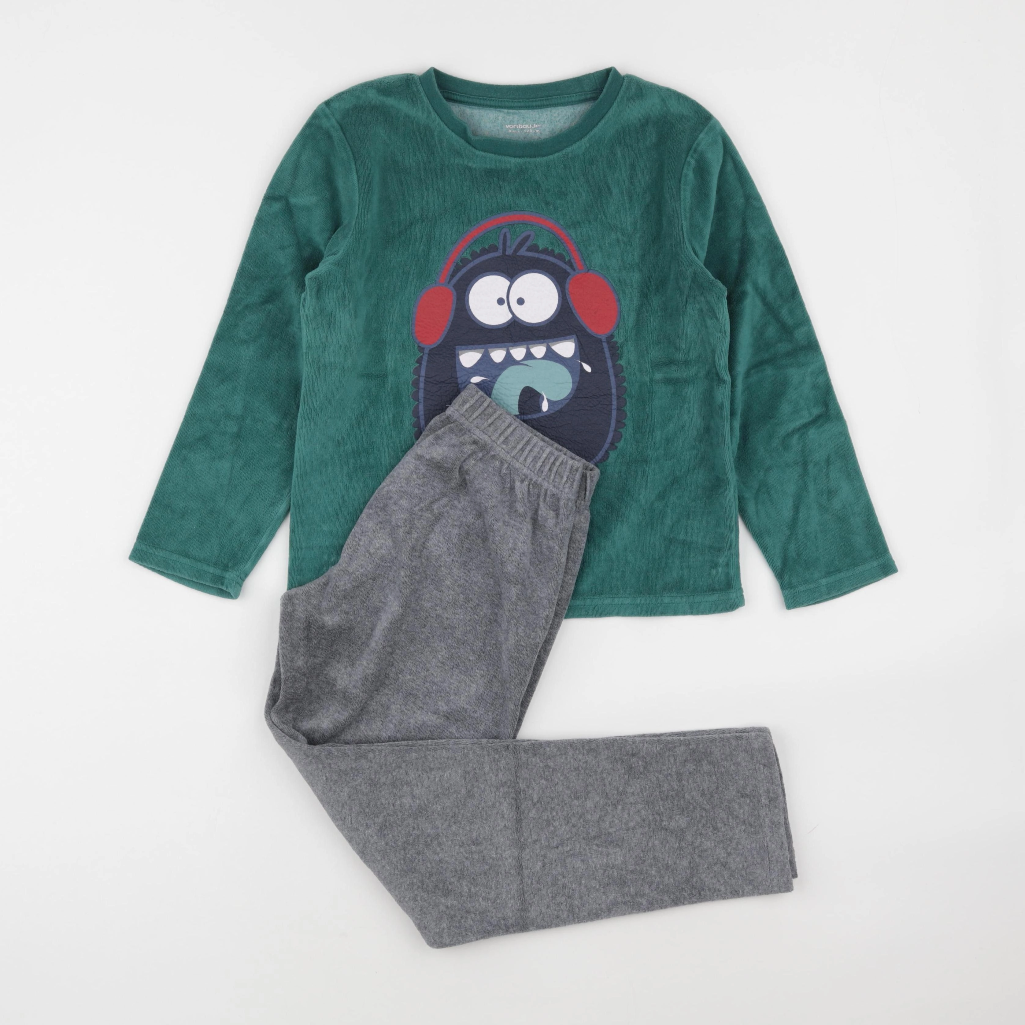 Vertbaudet - pyjama velours gris, vert - 8 ans