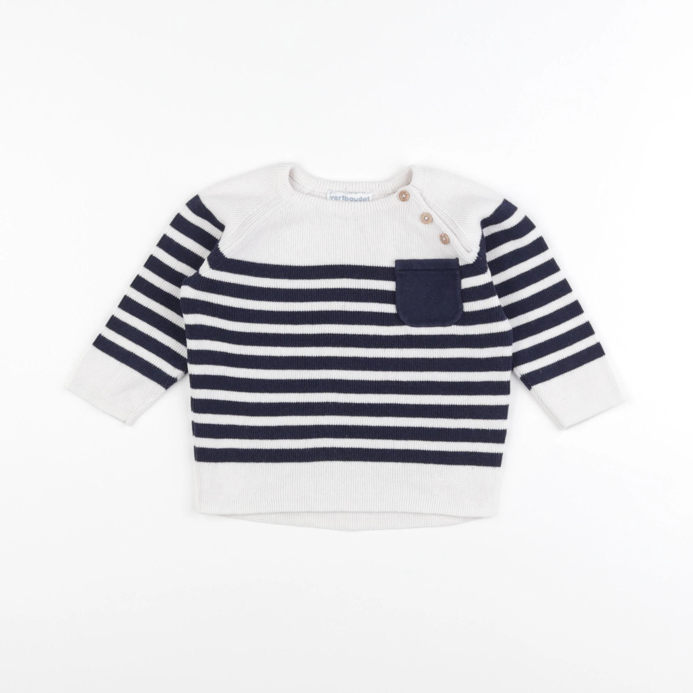Vertbaudet - pull blanc, bleu - 12 mois