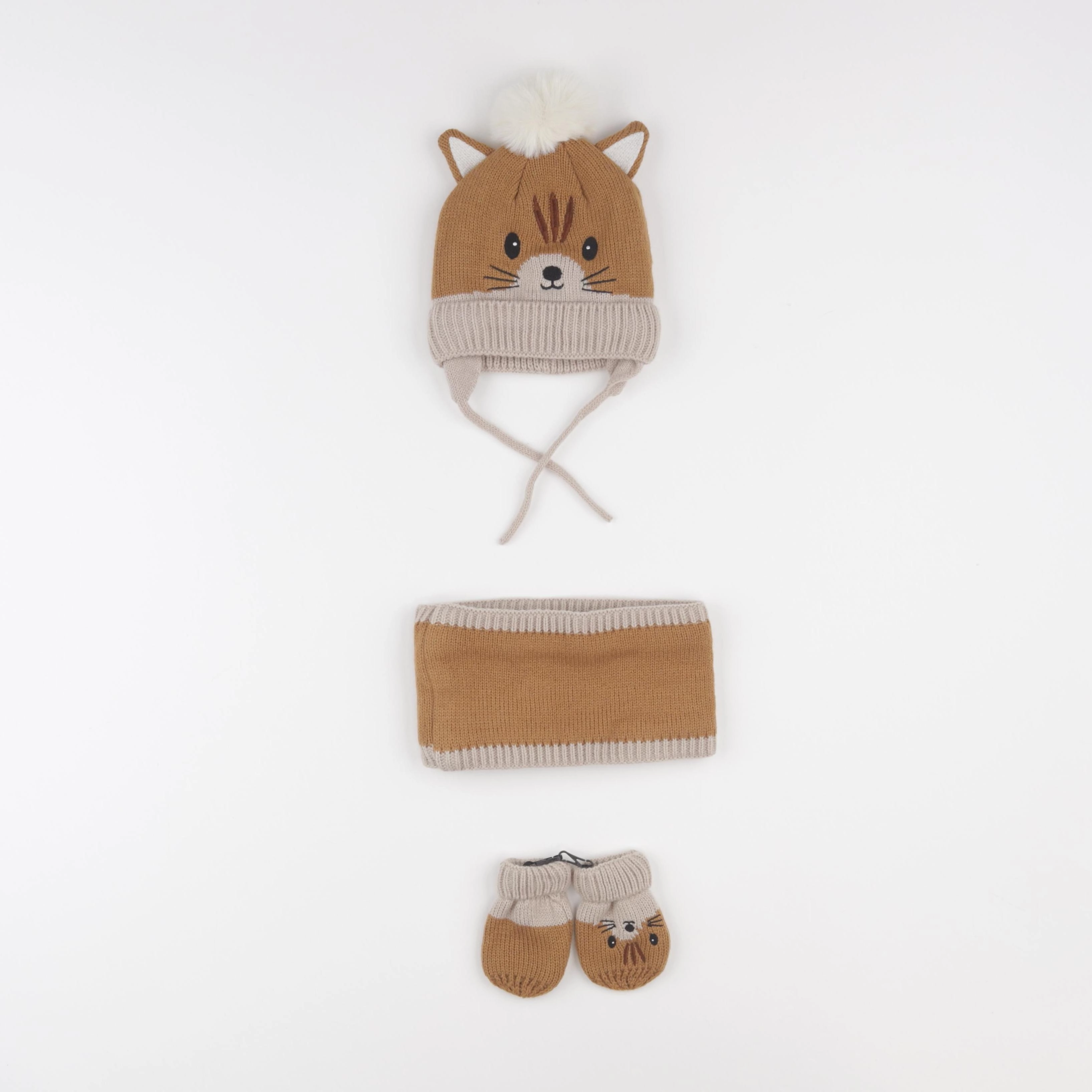 Vertbaudet - ensemble bonnet/moufles/tour de cou marron - 3/6 mois