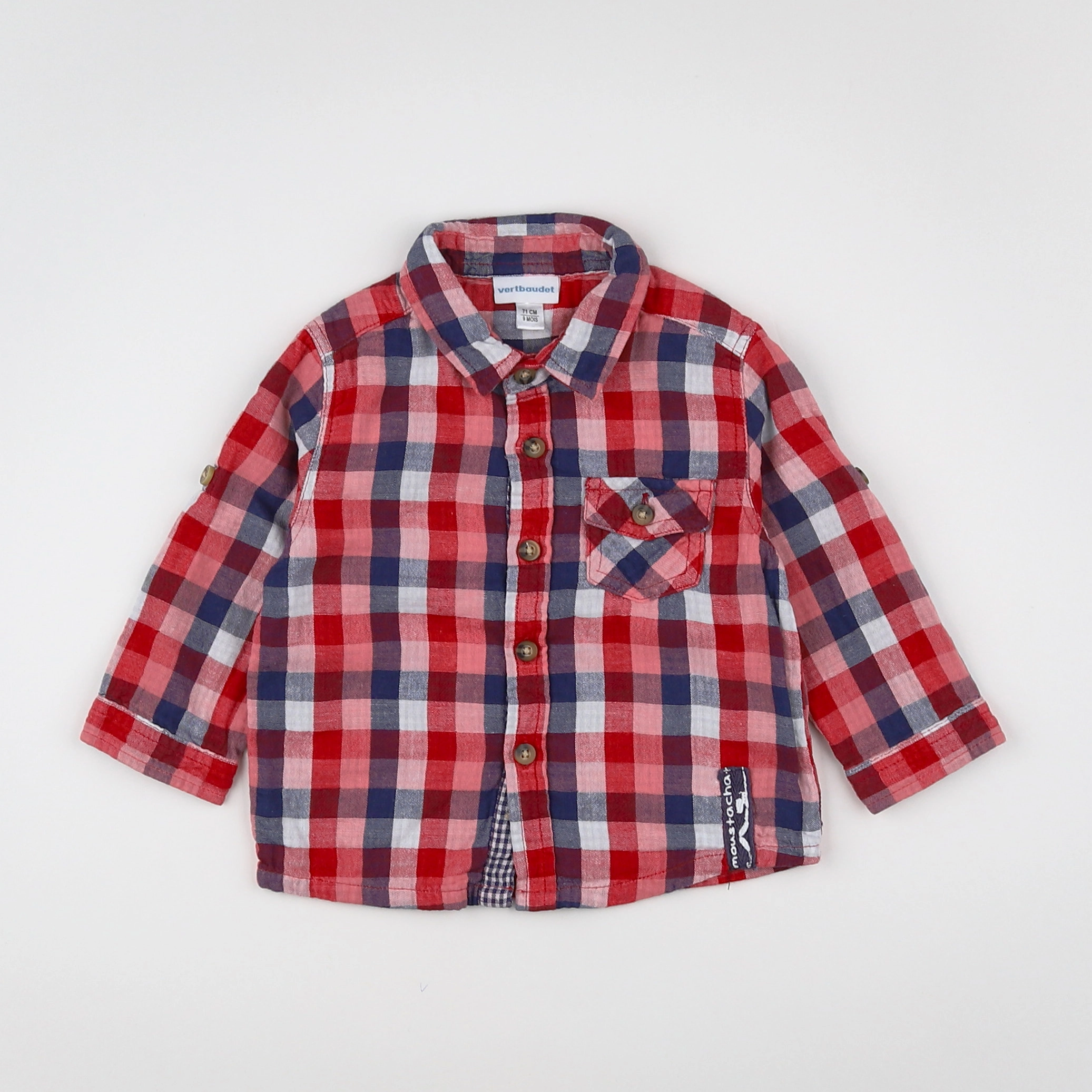 Vertbaudet - chemise rouge, bleu - 9 mois