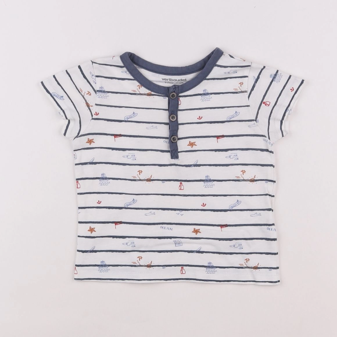 Vertbaudet - tee-shirt bleu, blanc - 9 mois