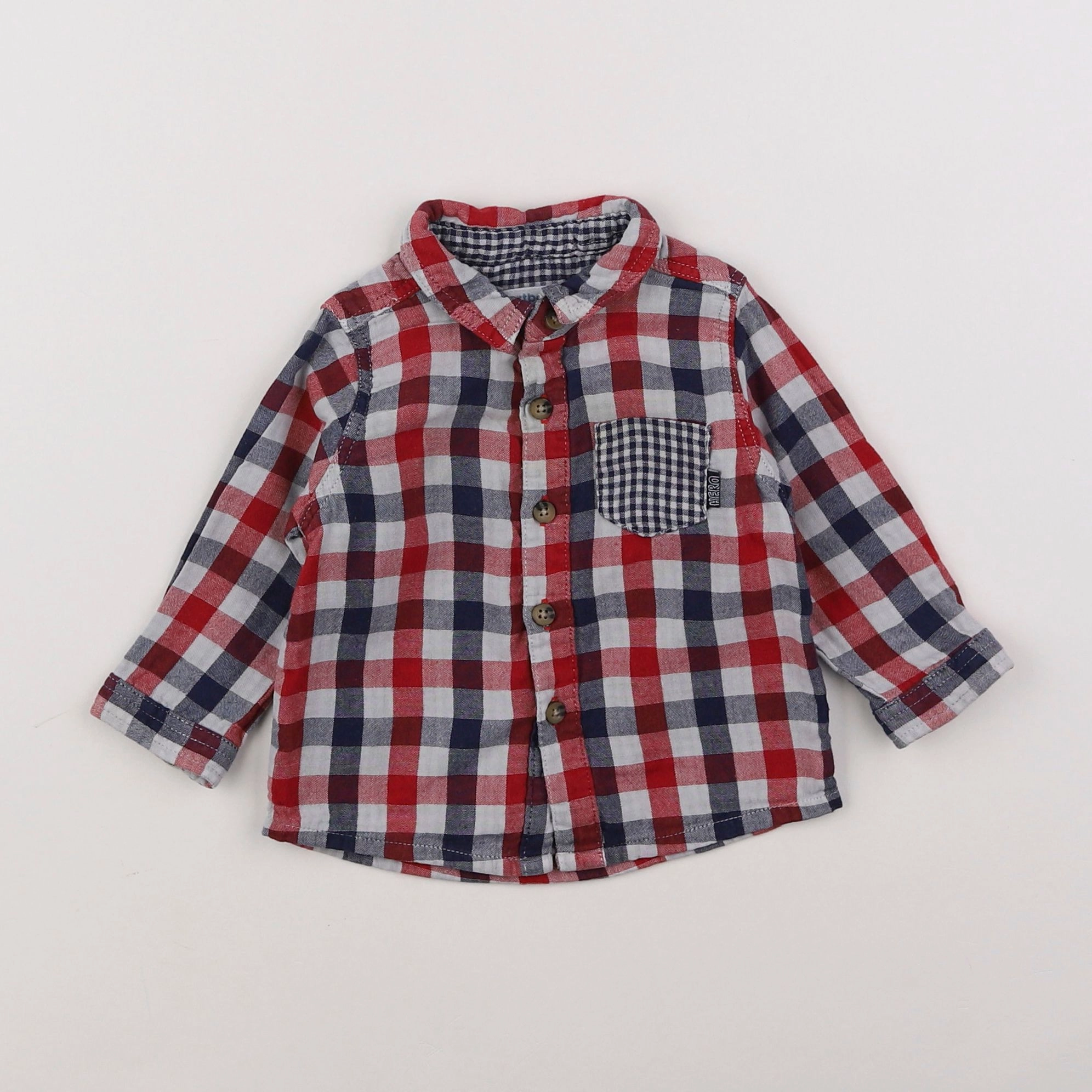 Vertbaudet - chemise bleu, rouge - 6 mois