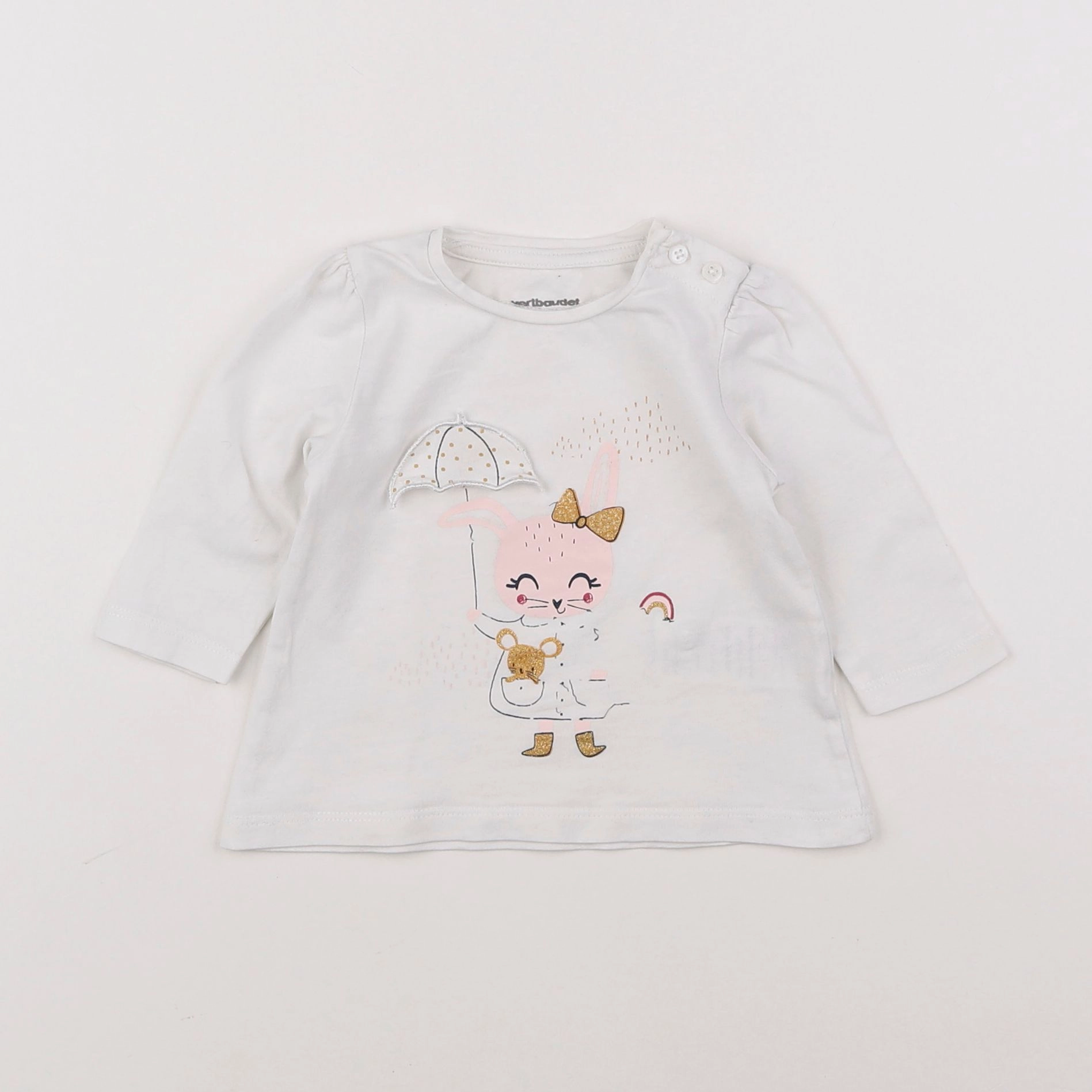 Vertbaudet - tee-shirt blanc, rose - 3 mois