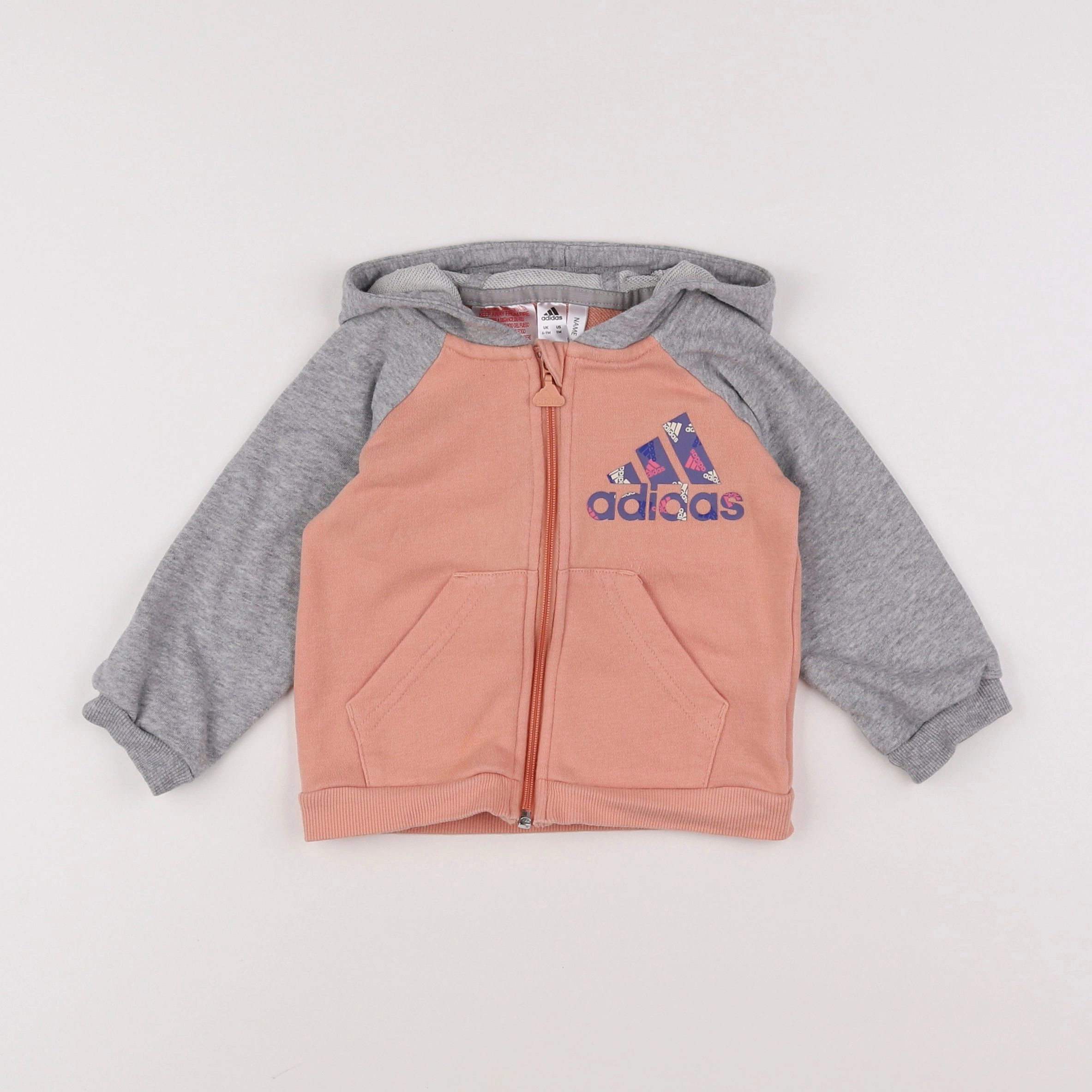 Adidas - sweat gris, rose - 6/9 mois