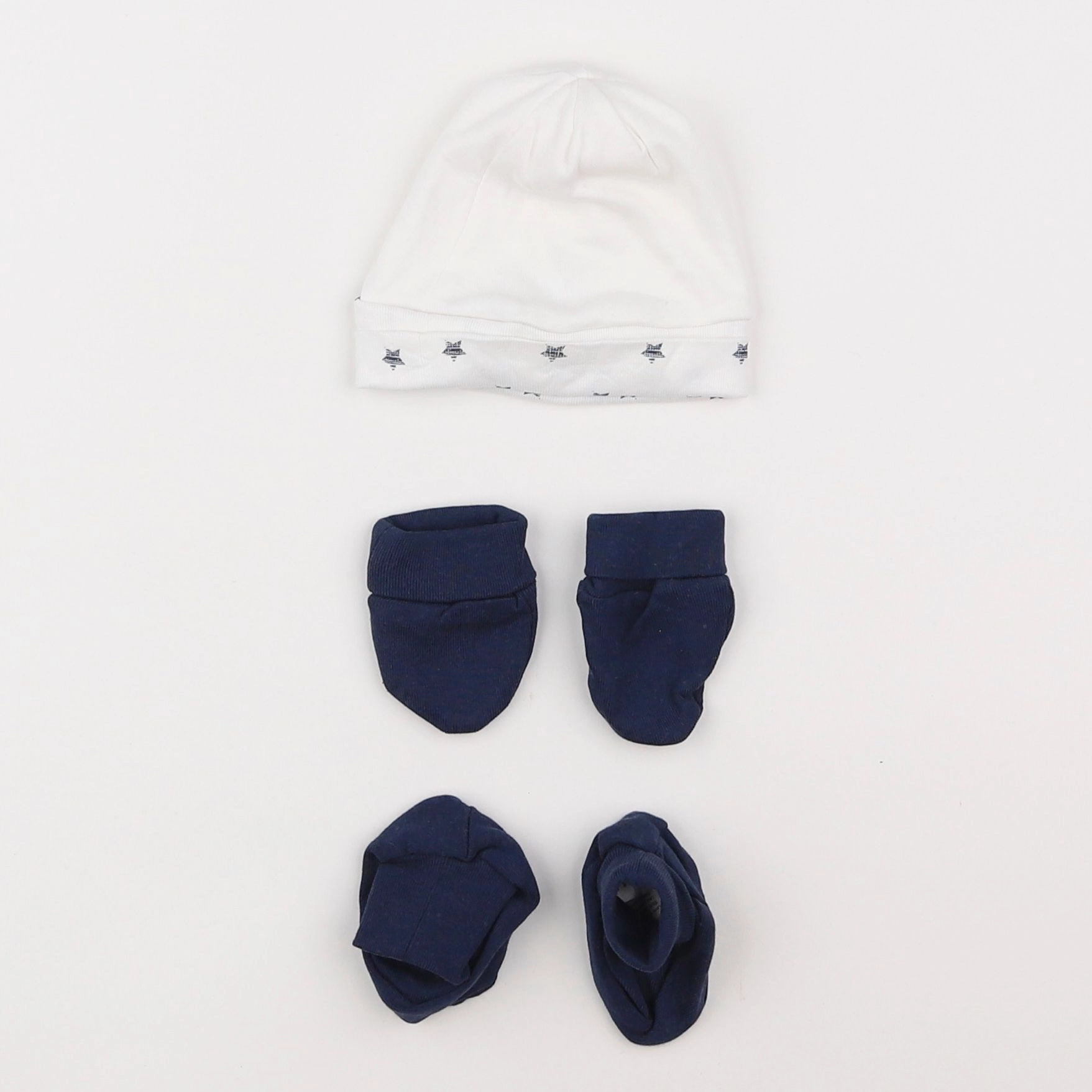 Vertbaudet - ensemble bonnet/moufles blanc, bleu - 6 mois