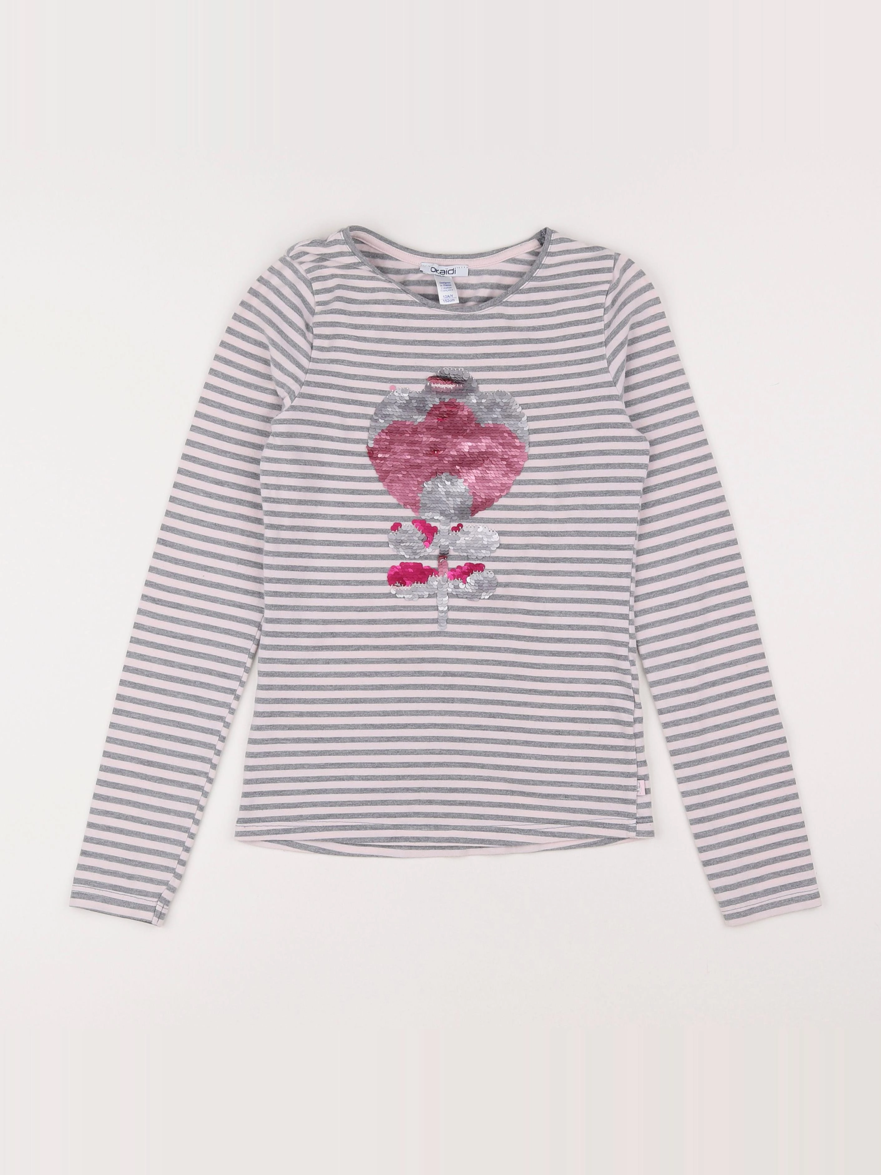 Okaidi - tee-shirt gris, rose - 12 ans