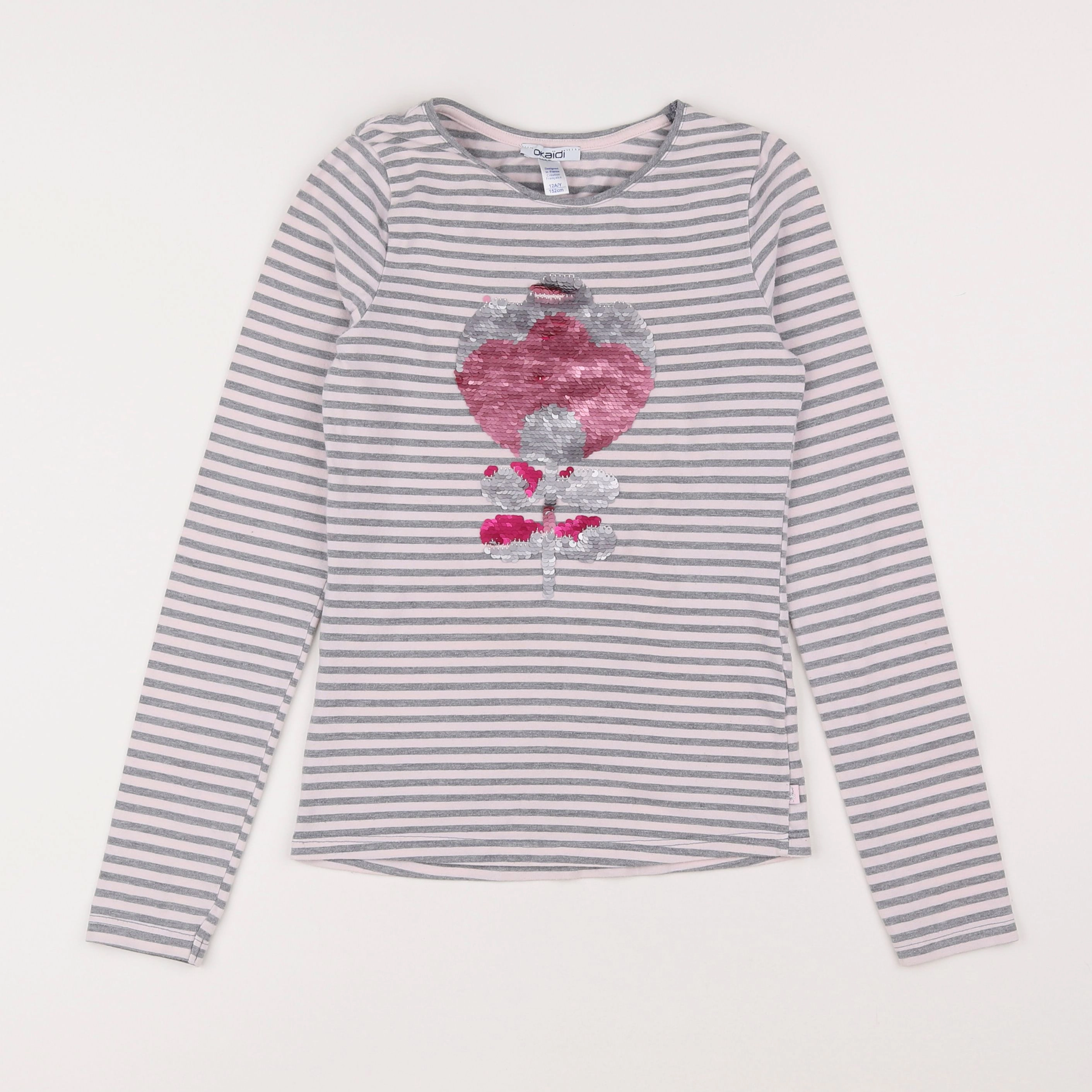 Okaidi - tee-shirt gris, rose - 12 ans