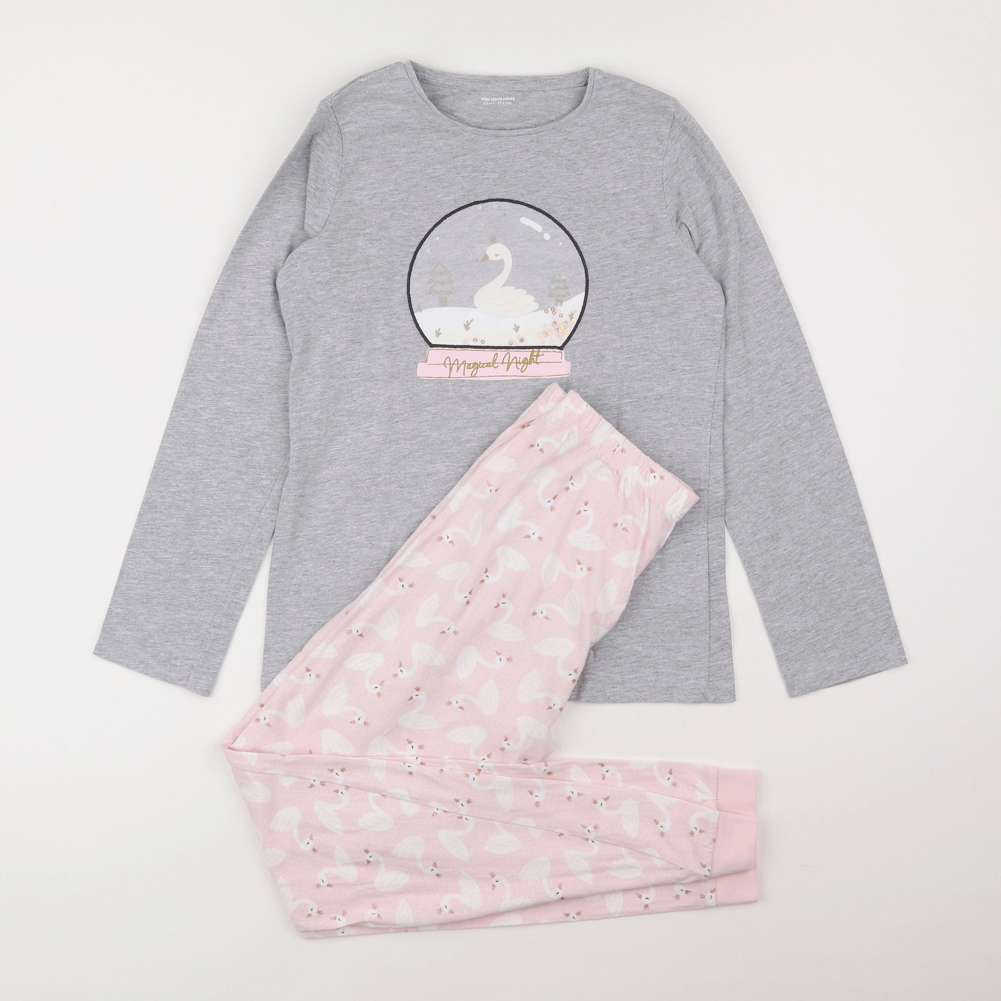 Vertbaudet - pyjama coton gris, rose - 12 ans