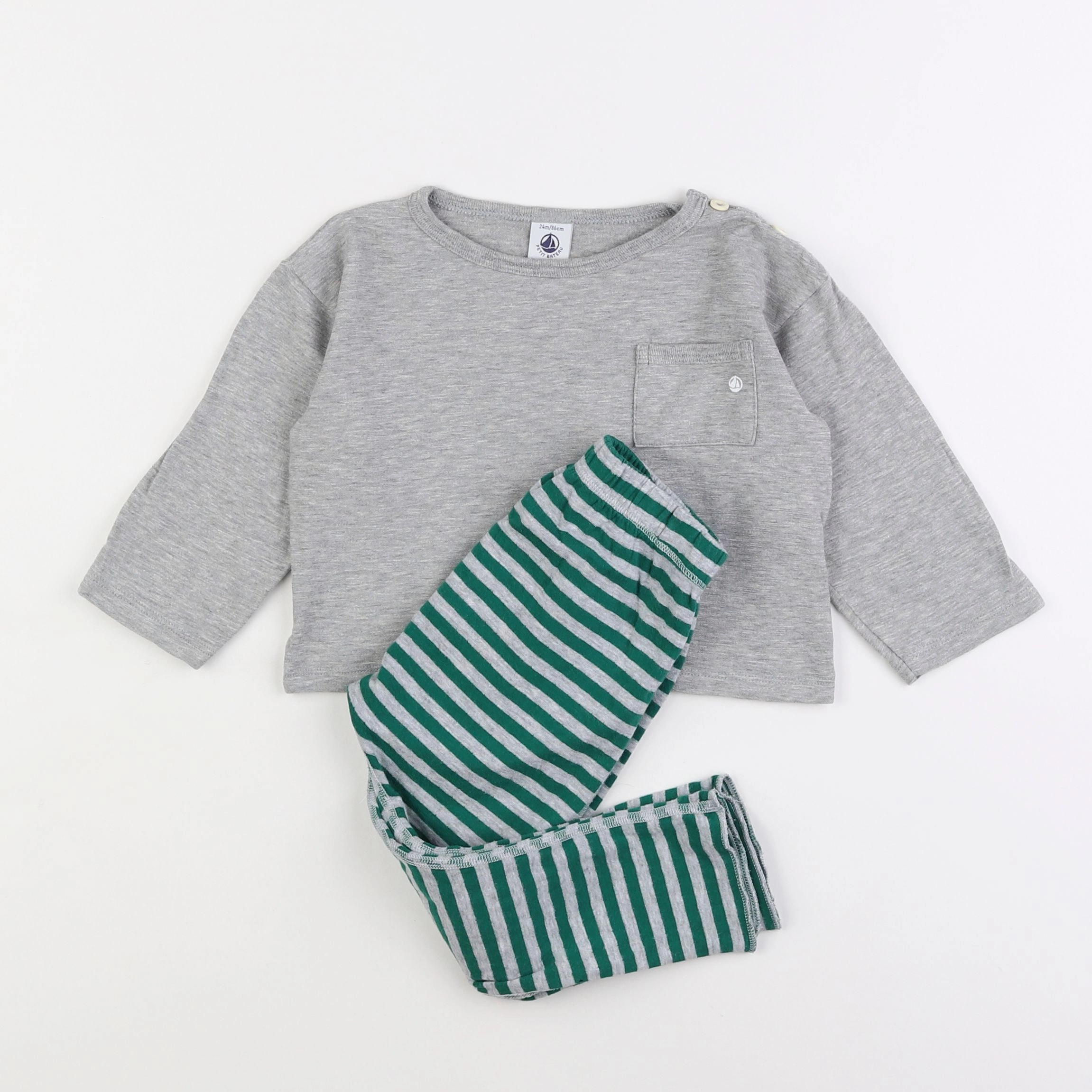 Petit Bateau - pyjama coton gris, vert - 2 ans