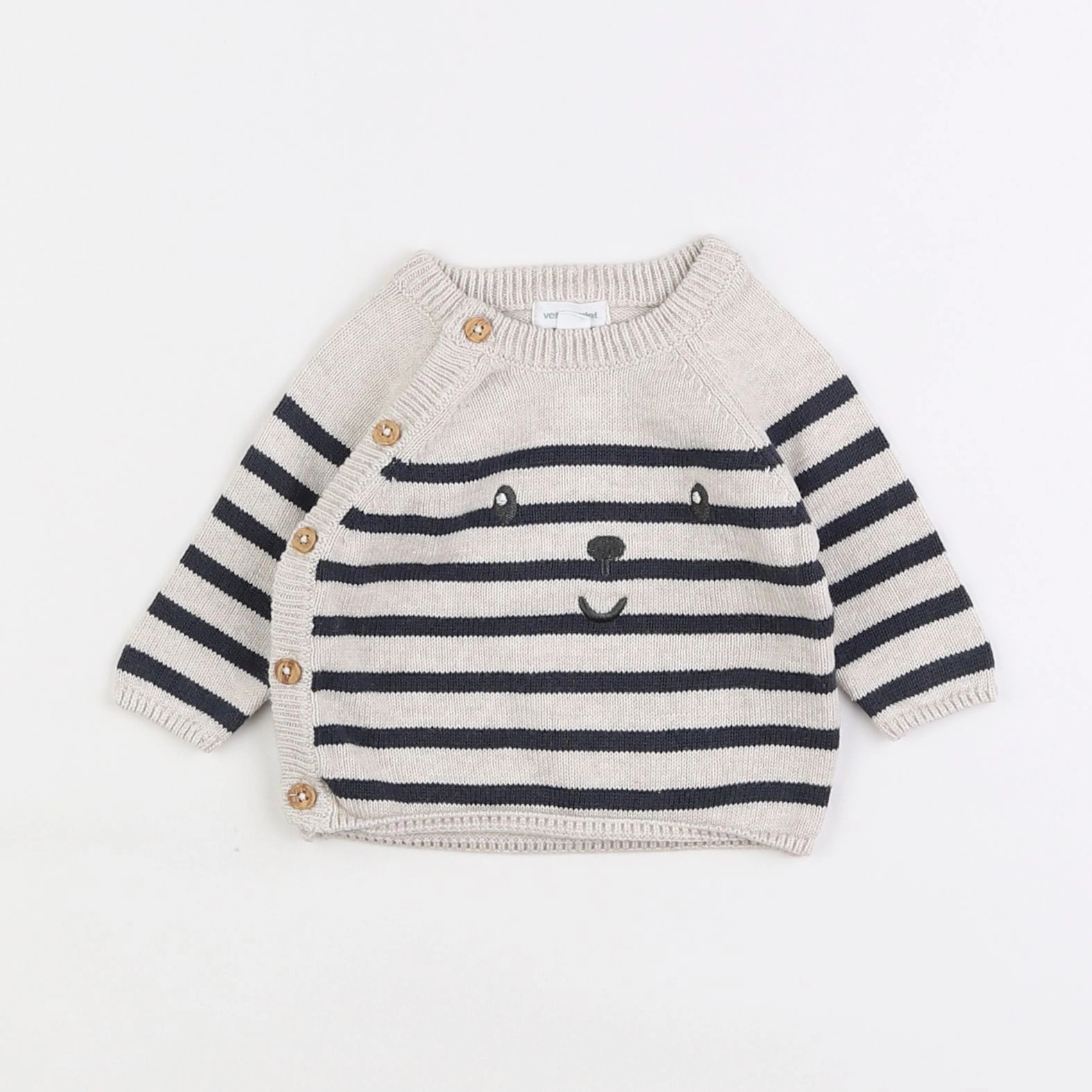 Vertbaudet - pull beige, bleu - 1 mois