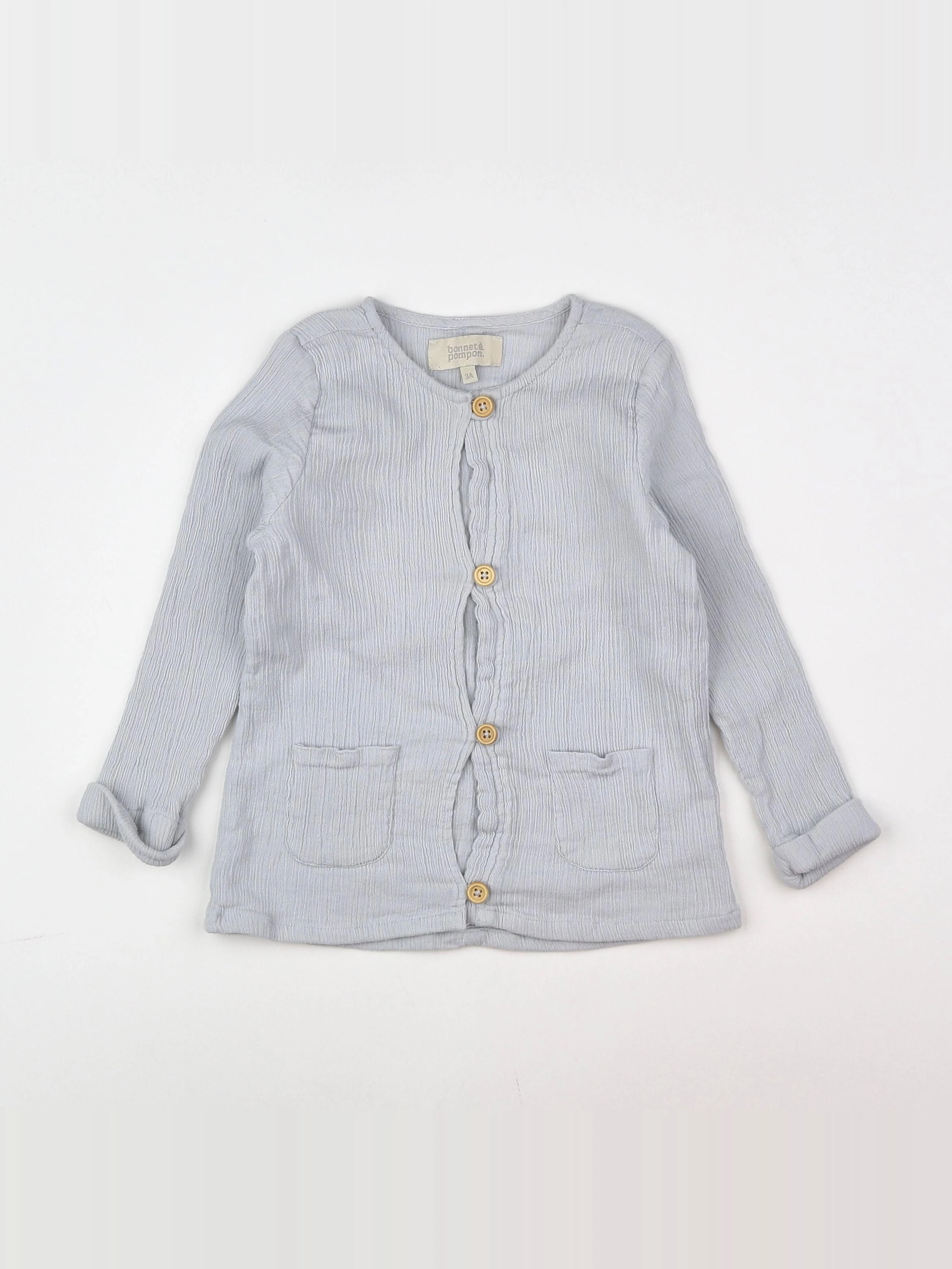 Bonnet à Pompon - chemise bleu - 3 ans