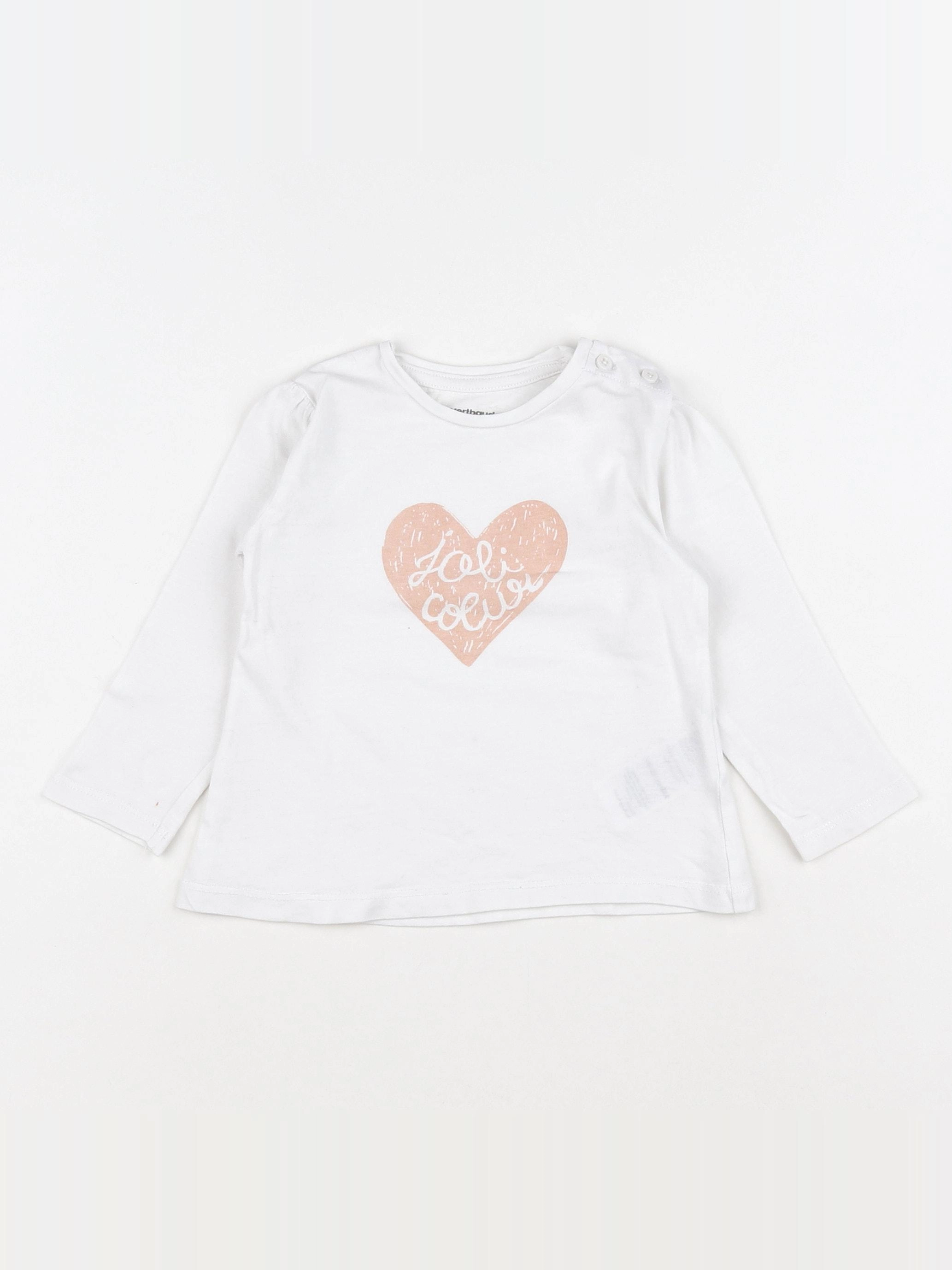 Vertbaudet - tee-shirt blanc, rose - 12 mois