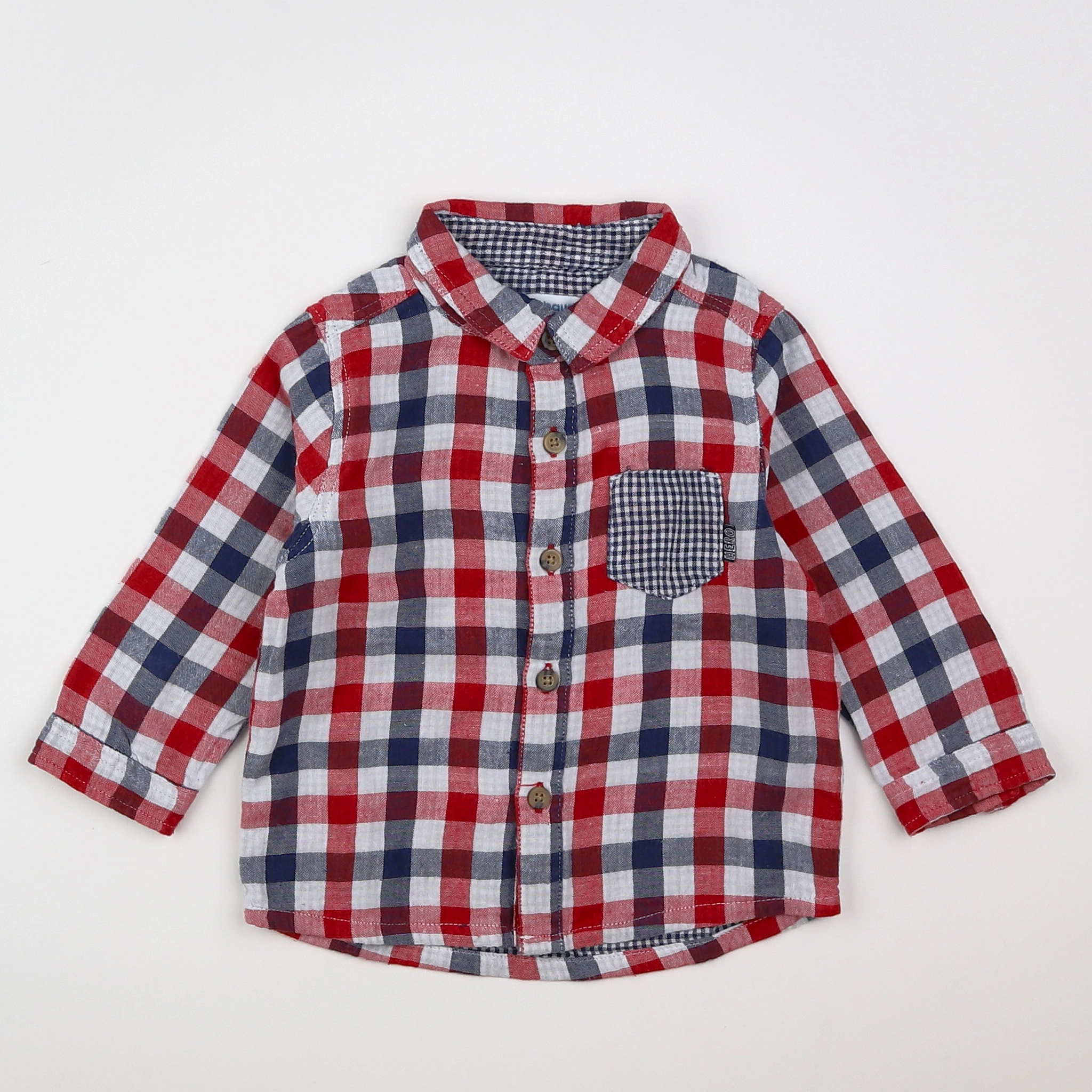 Vertbaudet - chemise bleu, blanc, rouge - 12 mois
