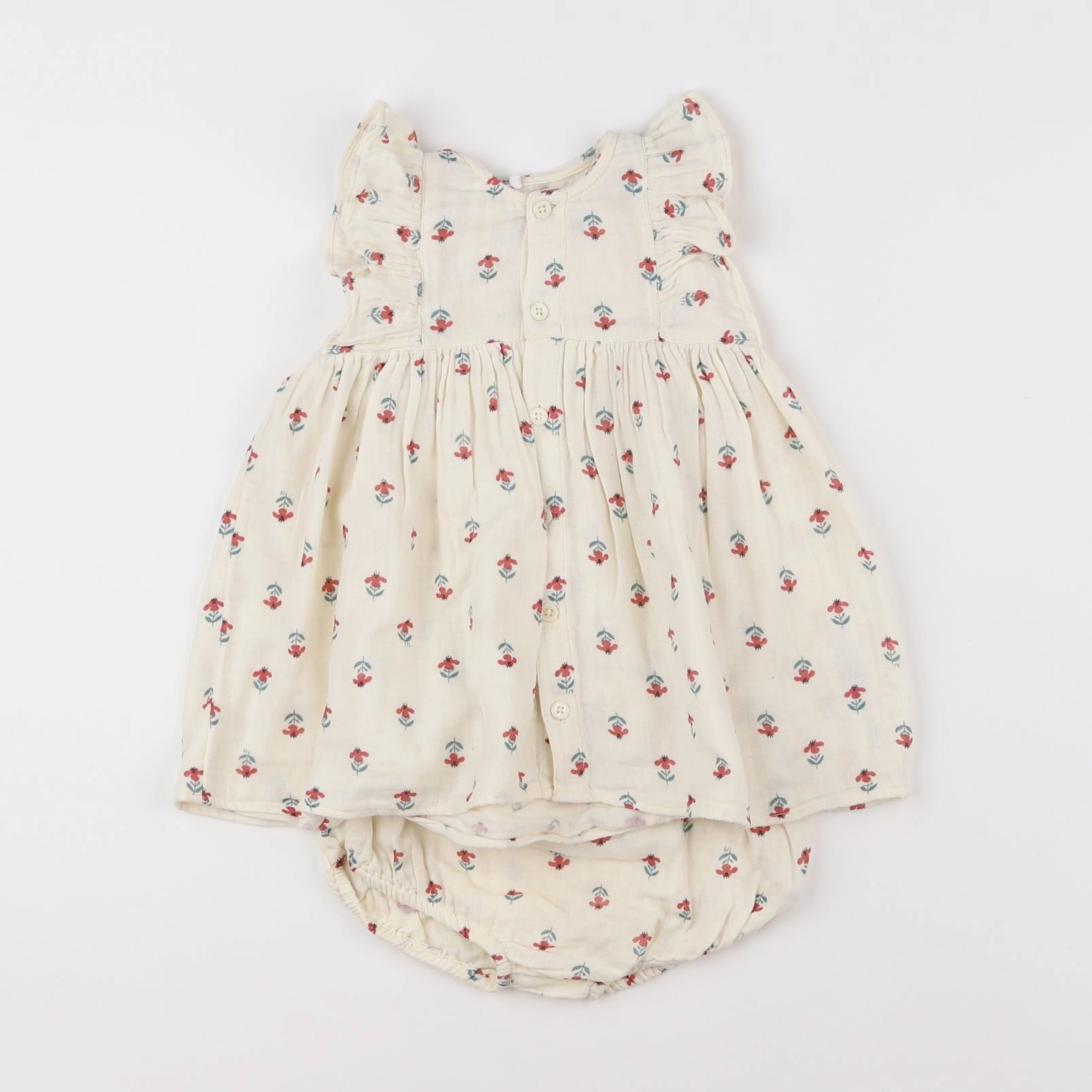 Petit Bateau - robe beige, rouge, vert - 12 mois