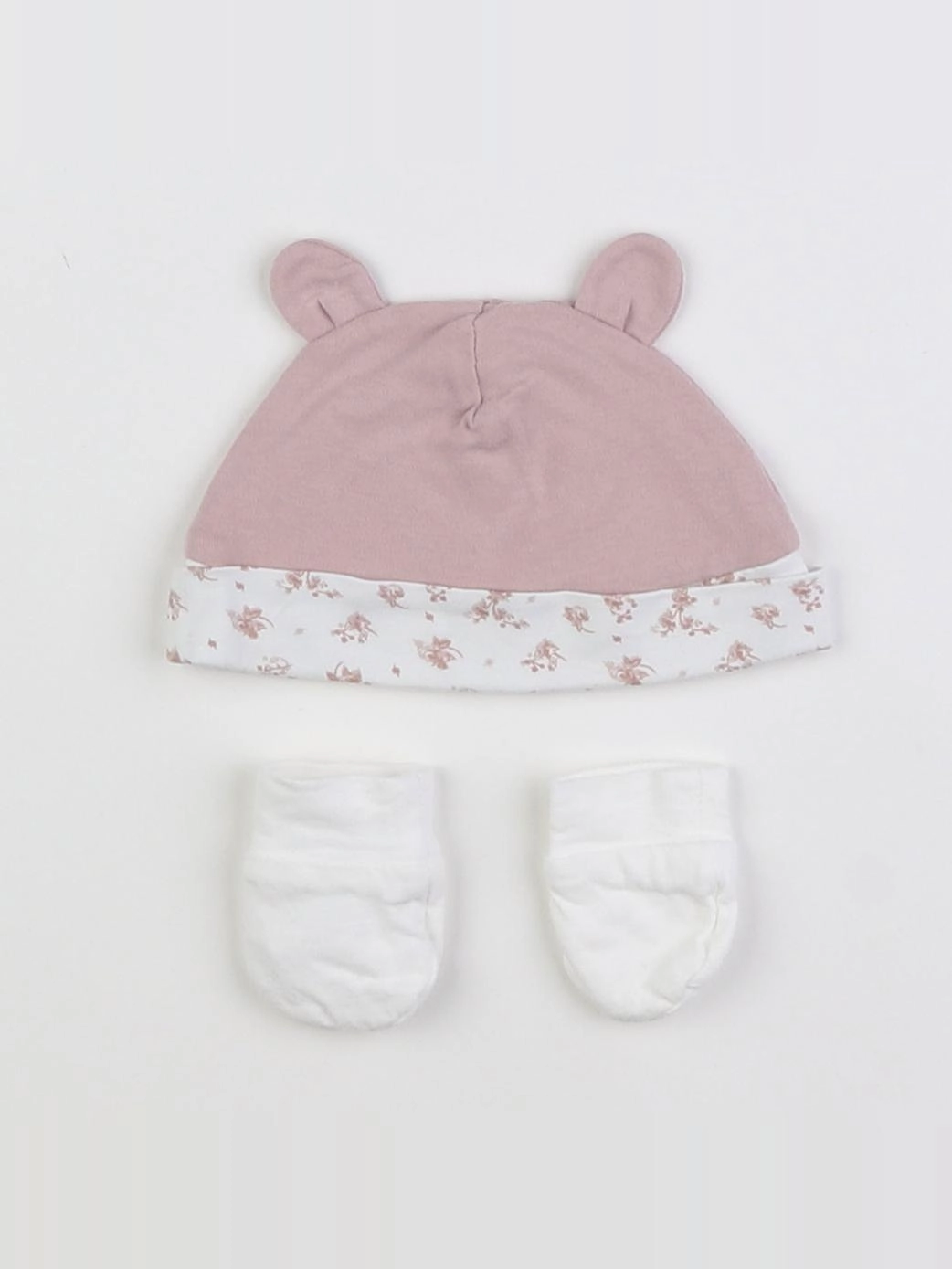 Vertbaudet - ensemble bonnet/moufles blanc, rose - 0/1 mois