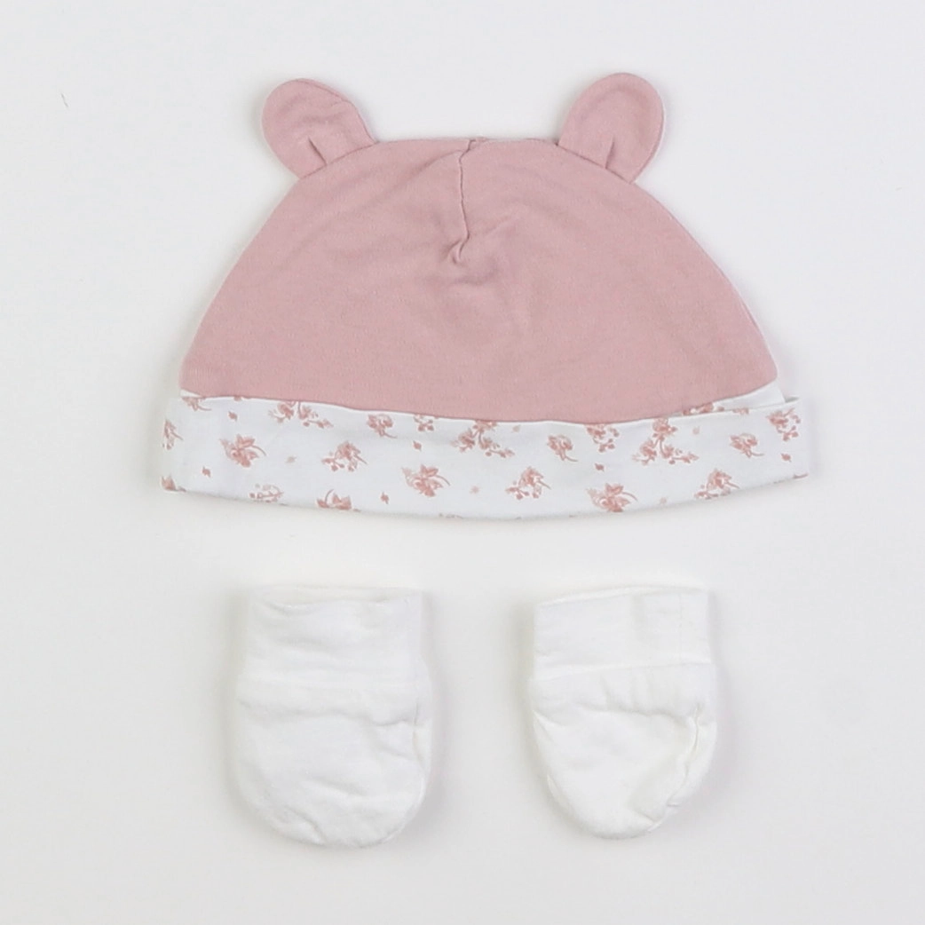 Vertbaudet - ensemble bonnet/moufles blanc, rose - 0/1 mois