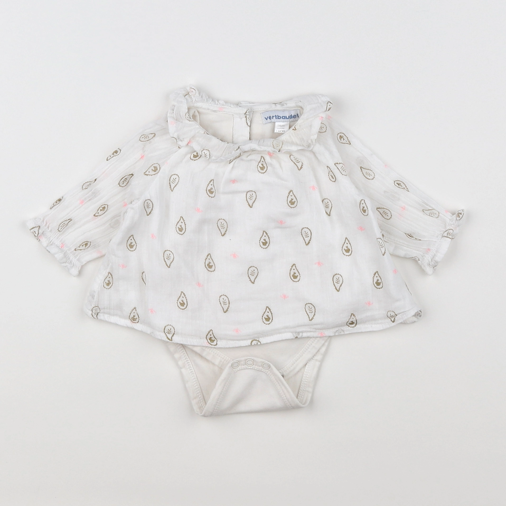 Vertbaudet - body vetement blanc, rose - 1 mois