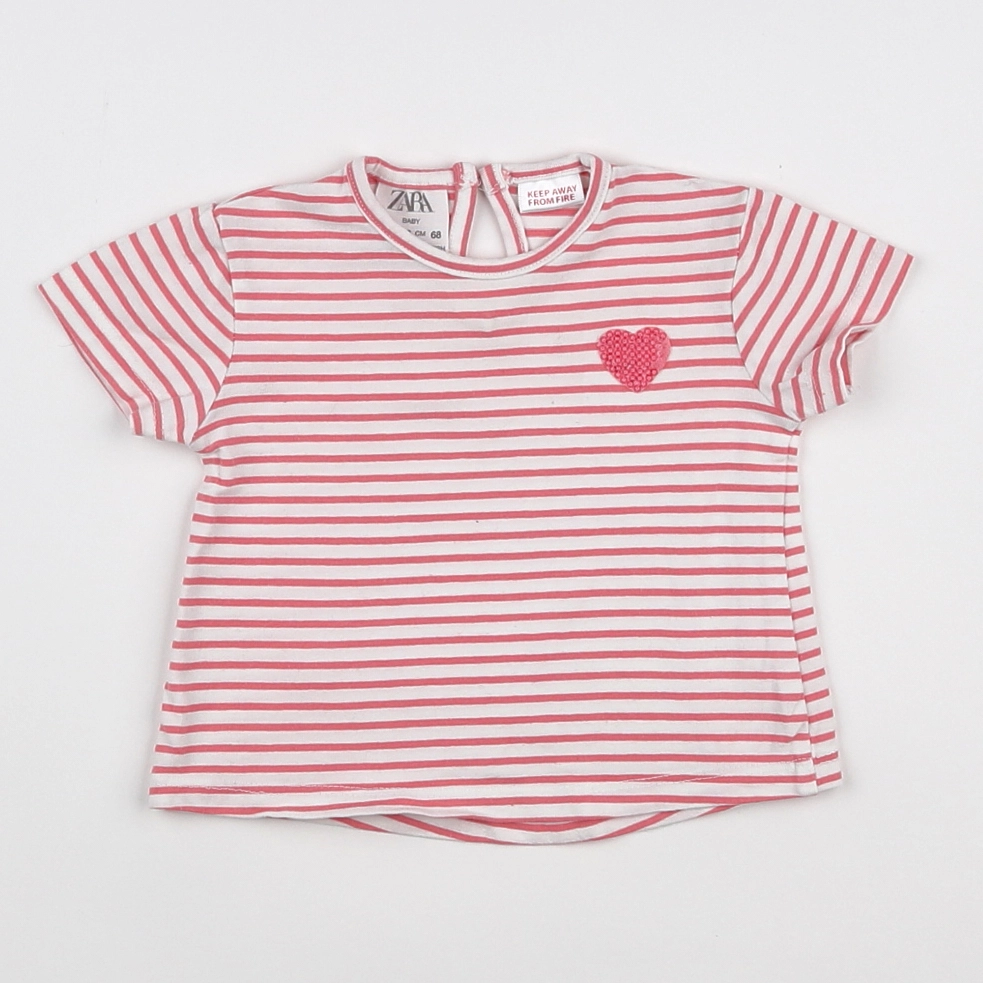 Zara - tee-shirt blanc, rose - 3 mois
