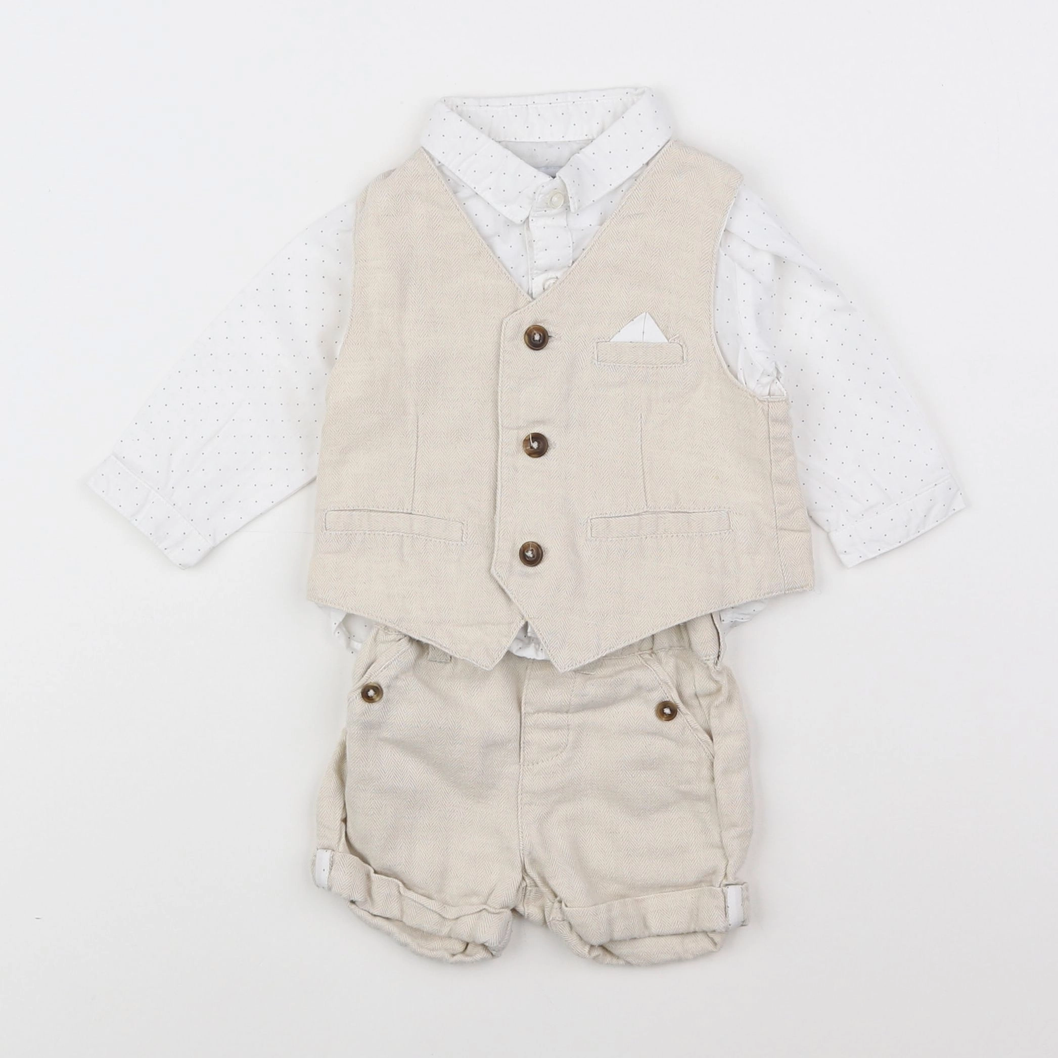 Vertbaudet - ensemble beige, blanc - 3 mois