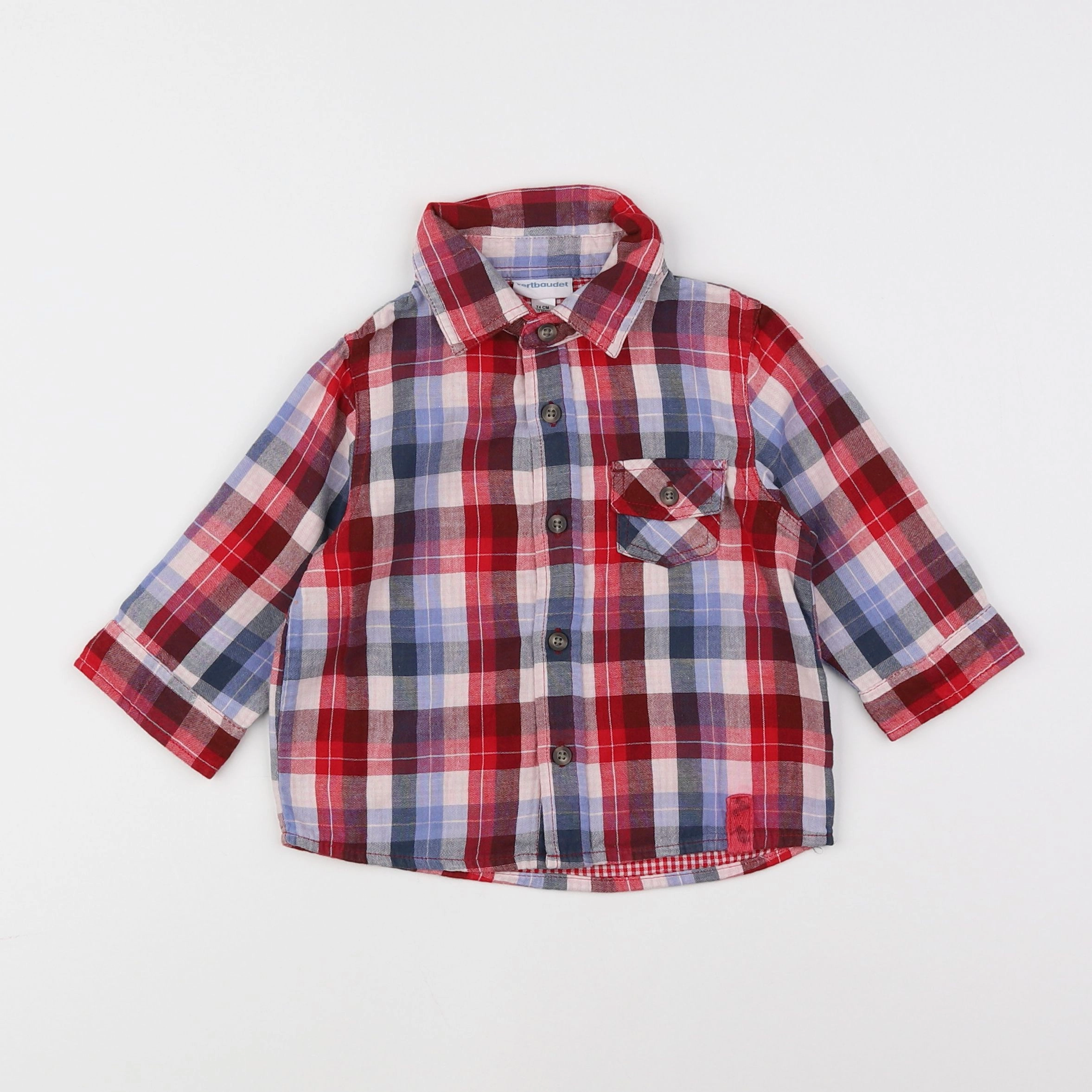 Vertbaudet - chemise bleu, rouge - 12 mois