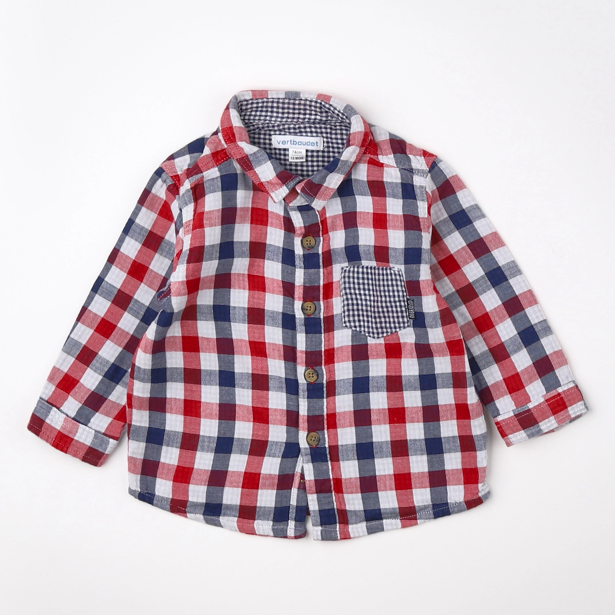 Vertbaudet - chemise bleu, rouge - 12 mois