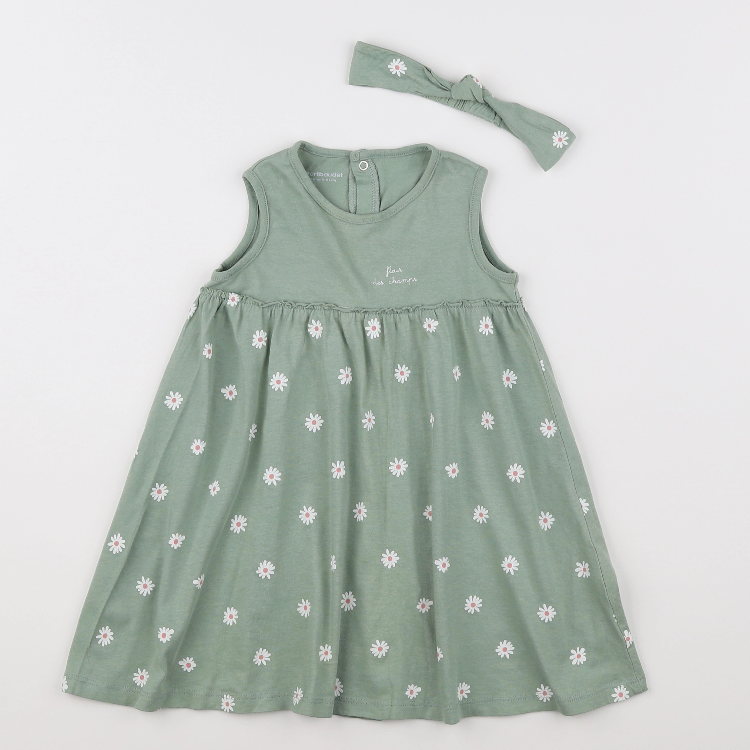 Vertbaudet - robe vert, blanc - 18 mois