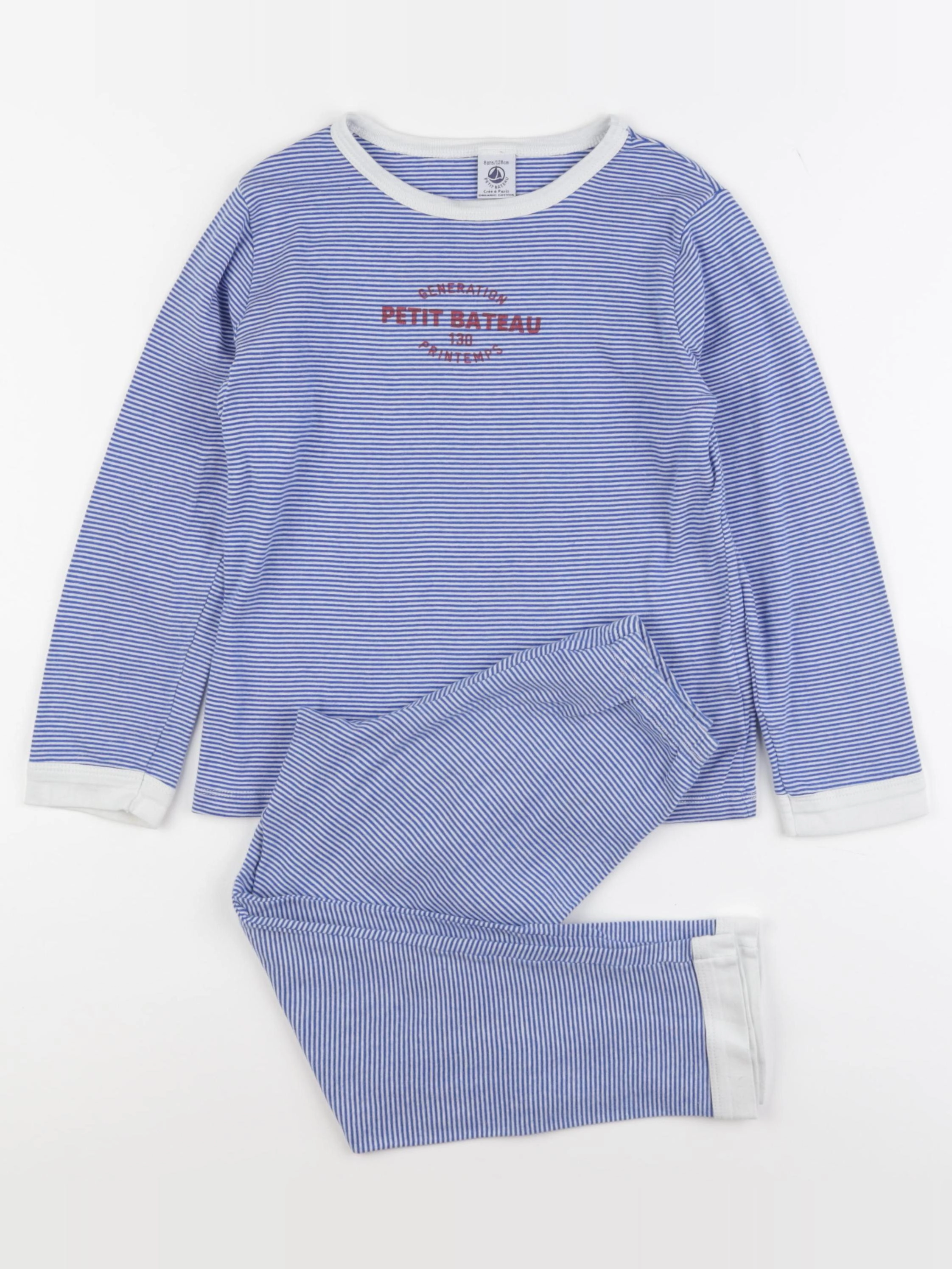 Petit Bateau - pyjama coton blanc, bleu - 8 ans