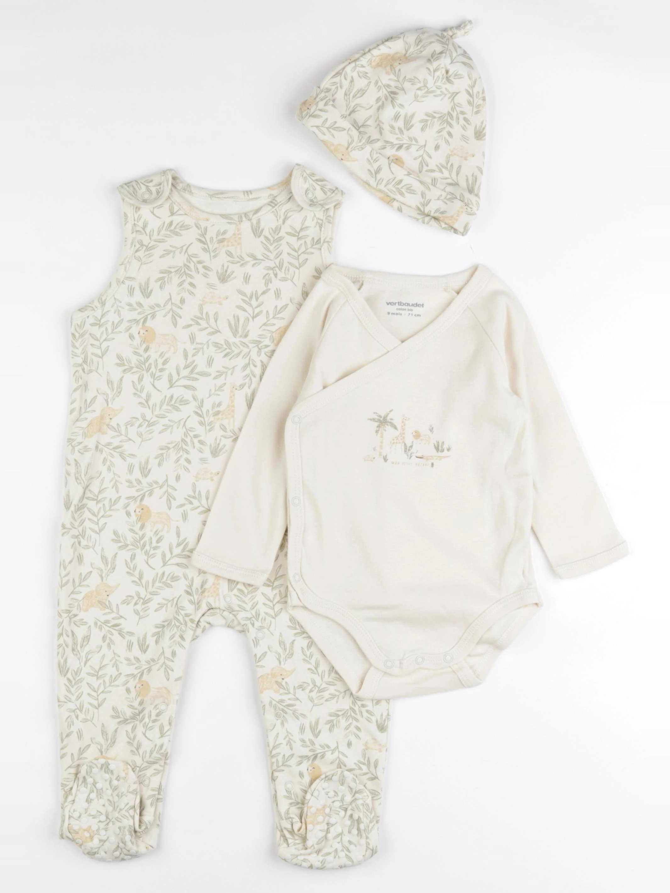 Vertbaudet - ensemble beige, vert - 9 mois