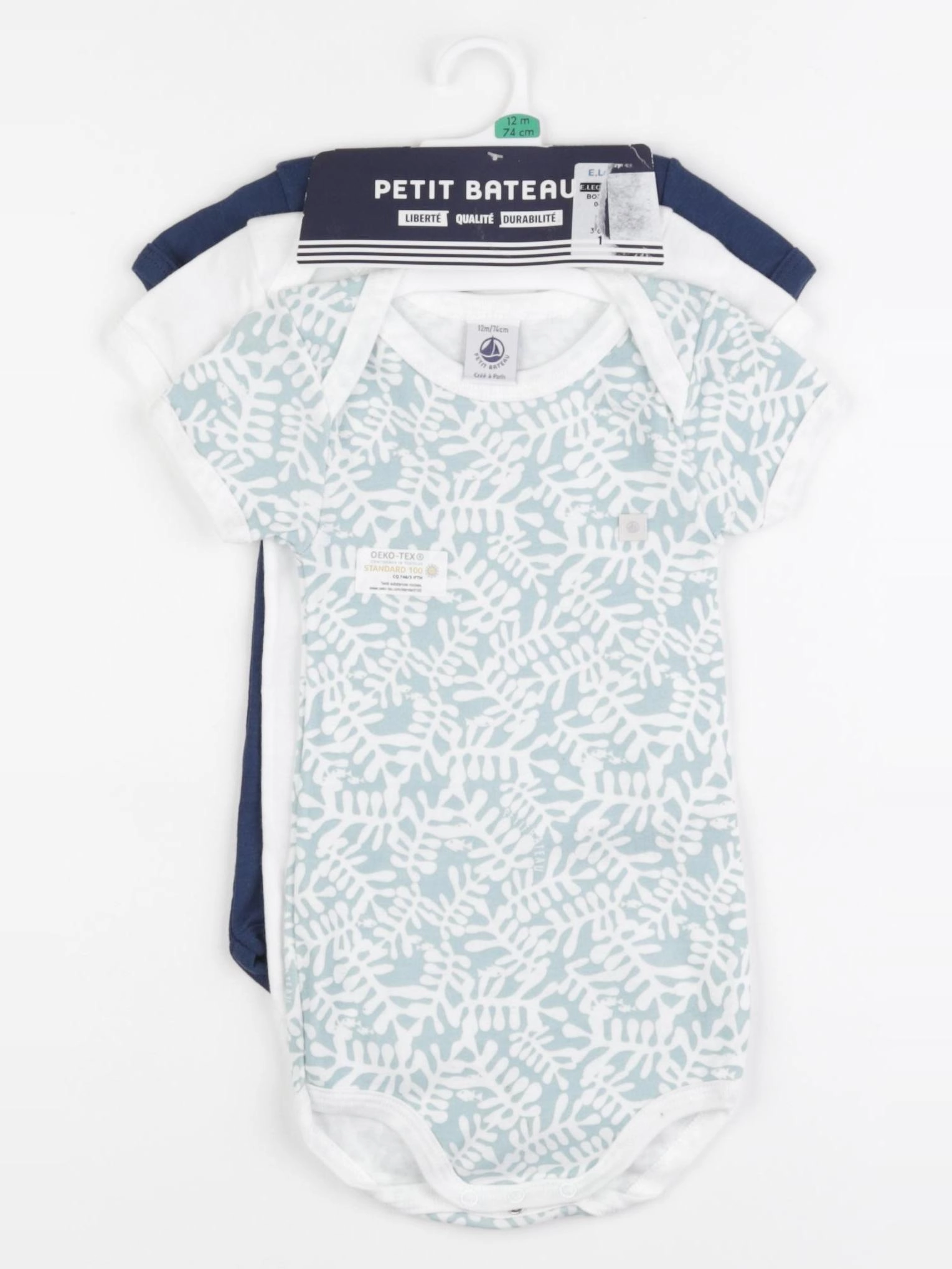 Petit Bateau - lot de 3 bodies en coton blanc, bleu - 12 mois