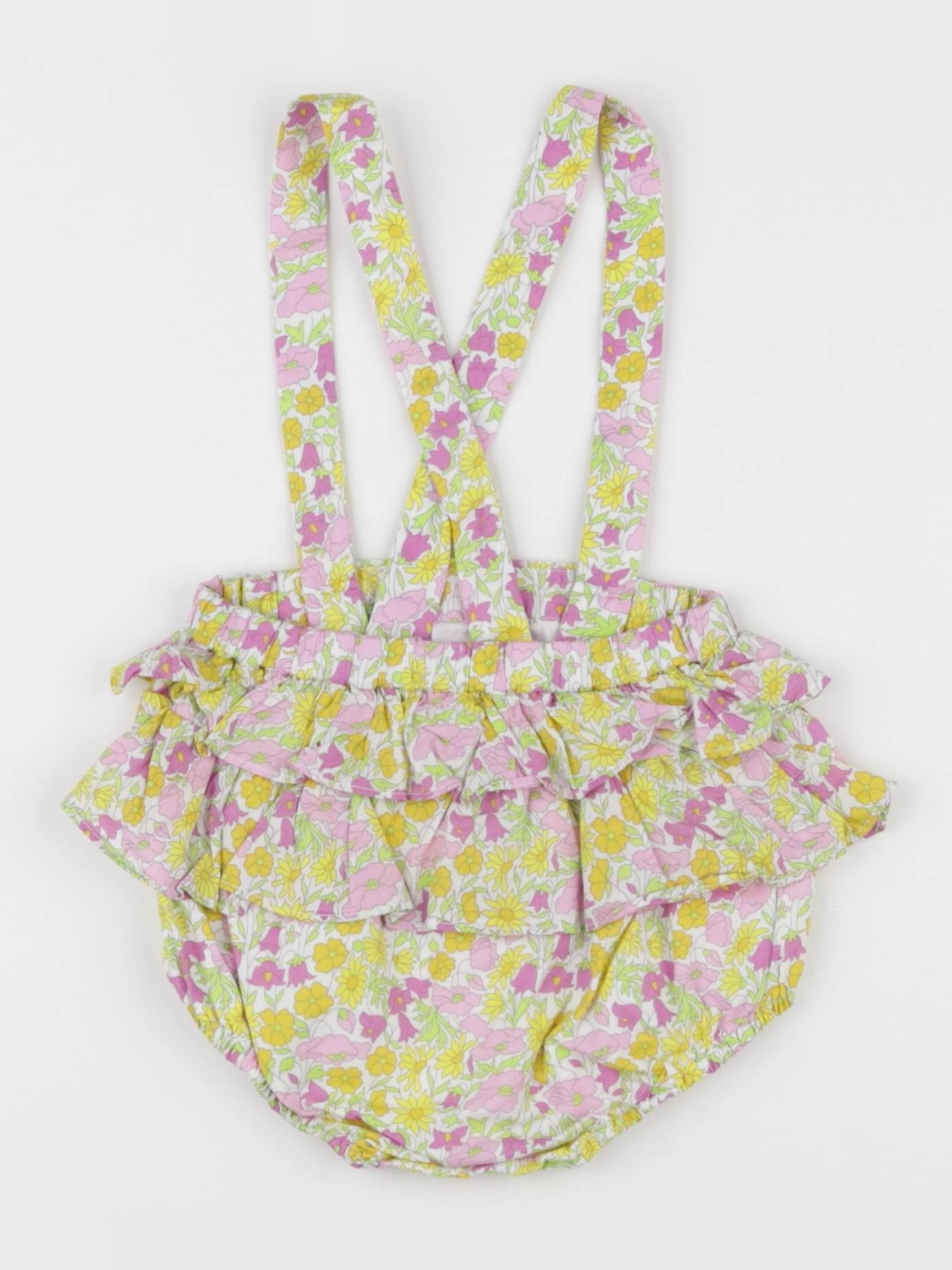 Jacadi - bloomer volants au dos, liberty jaune, rose - 12 mois