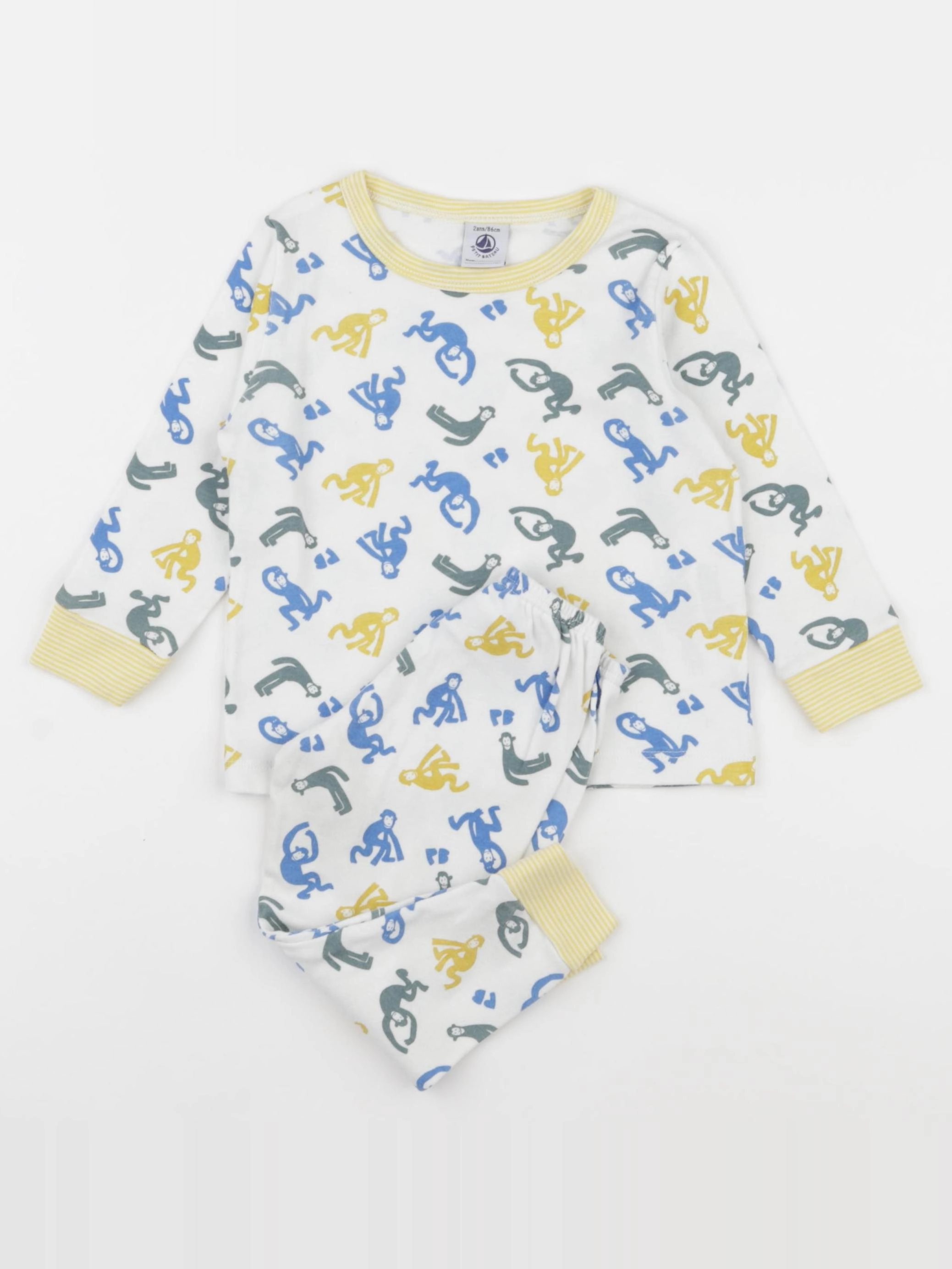Petit Bateau - pyjama coton blanc, bleu, jaune - 2 ans