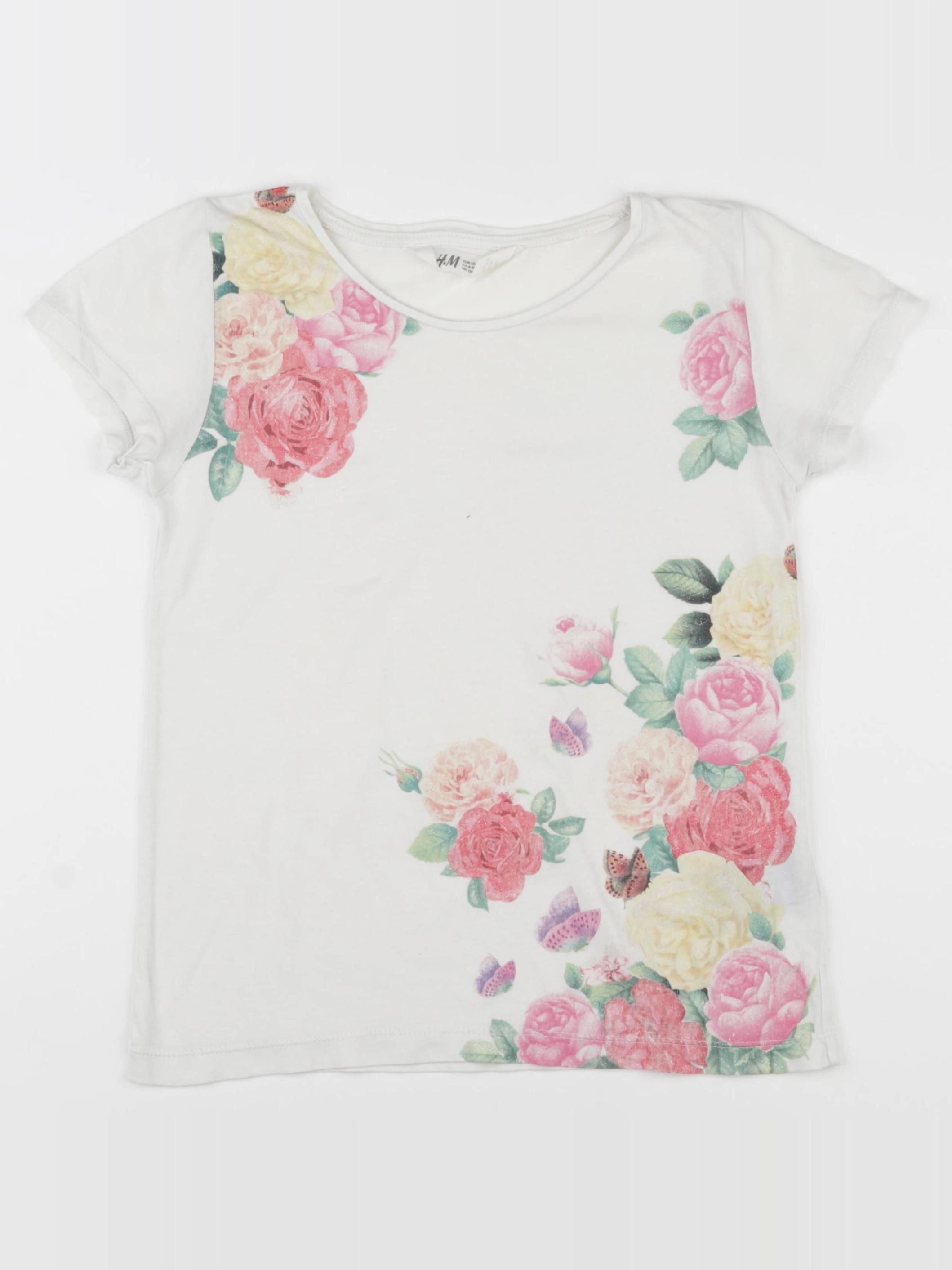 H&M - tee-shirt blanc, rose - 8/10 ans