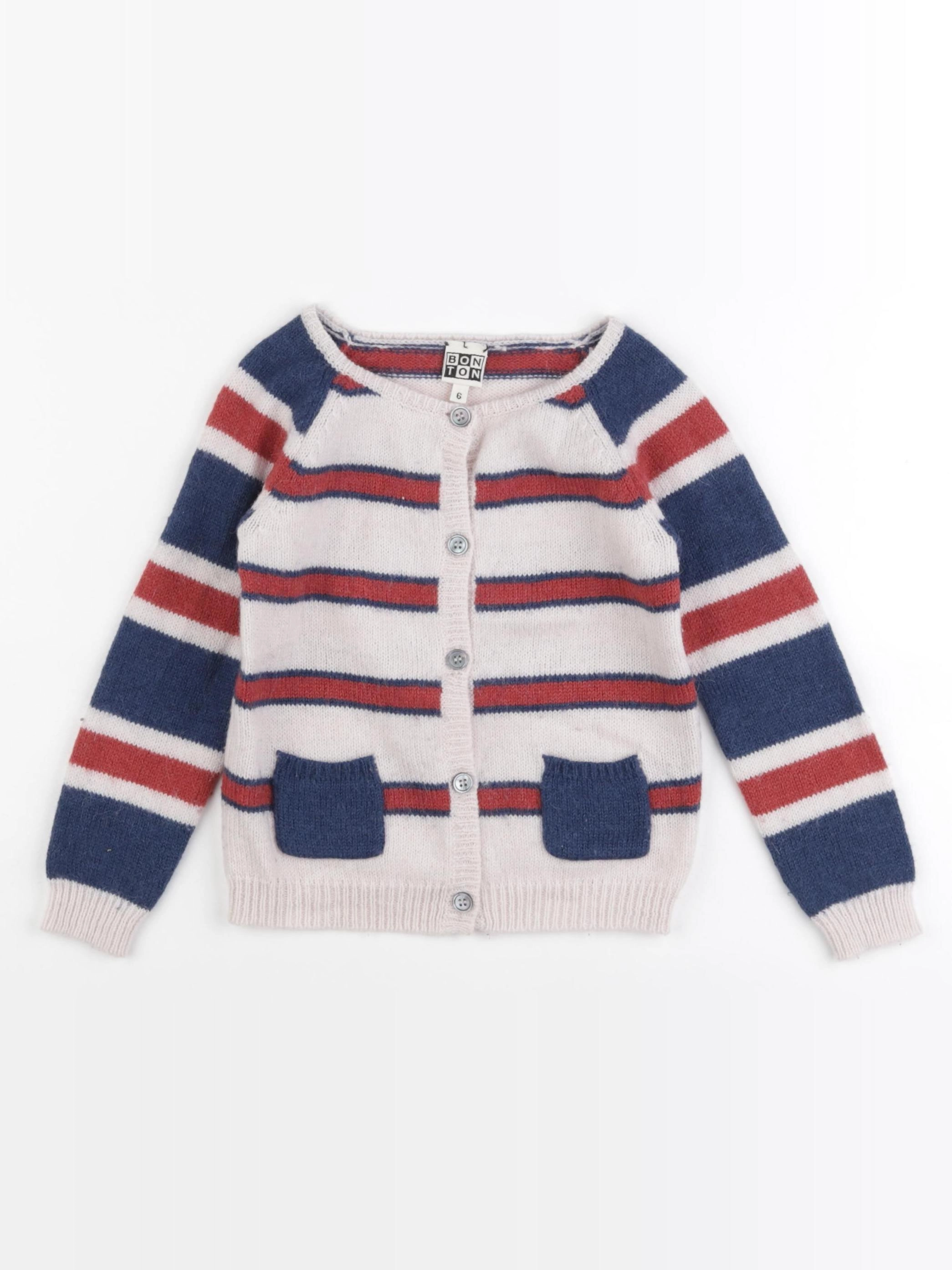 Bonton - gilet beige, bleu, rouge - 6 ans
