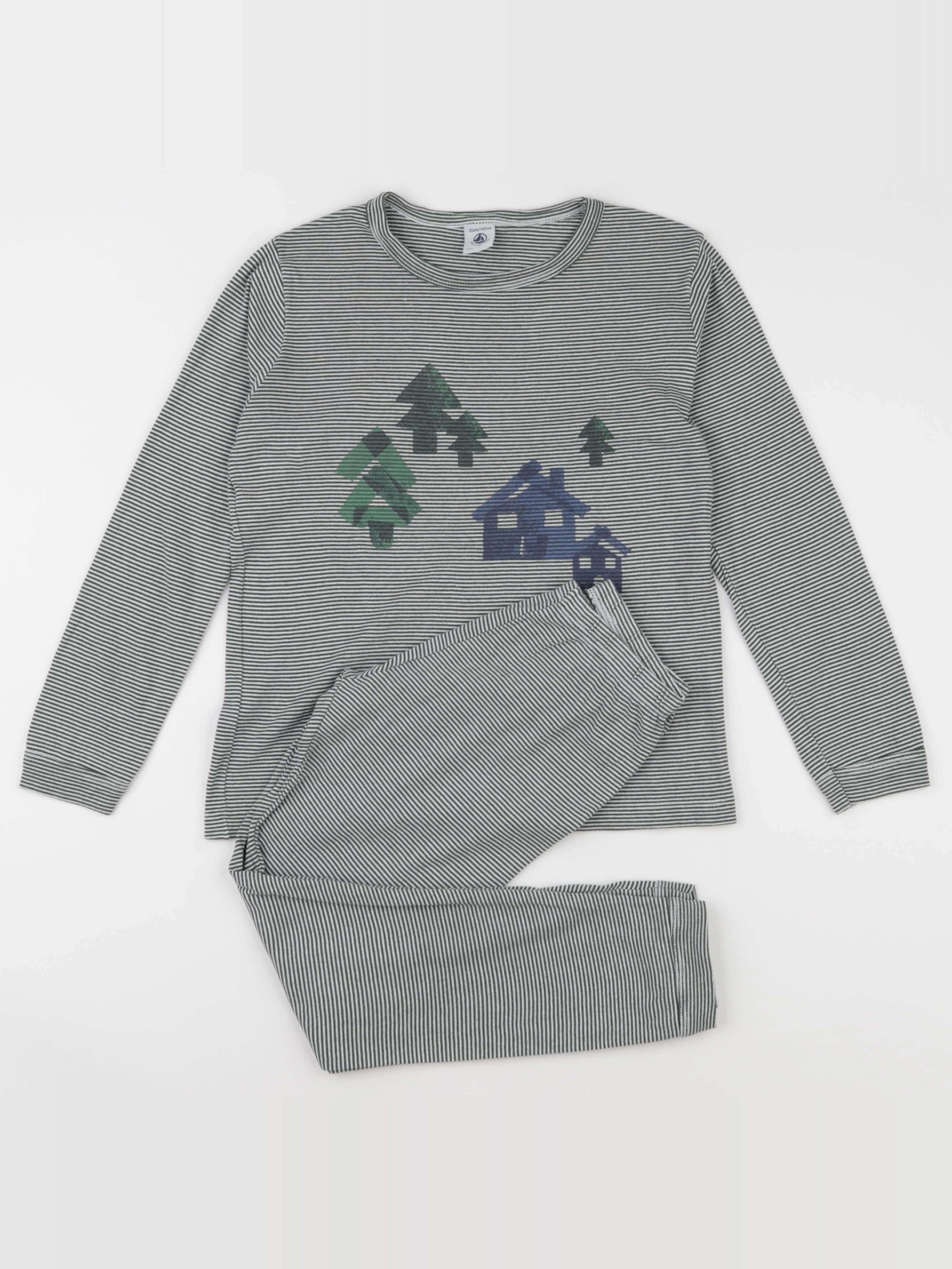 Petit Bateau - pyjama coton blanc, vert - 10 ans