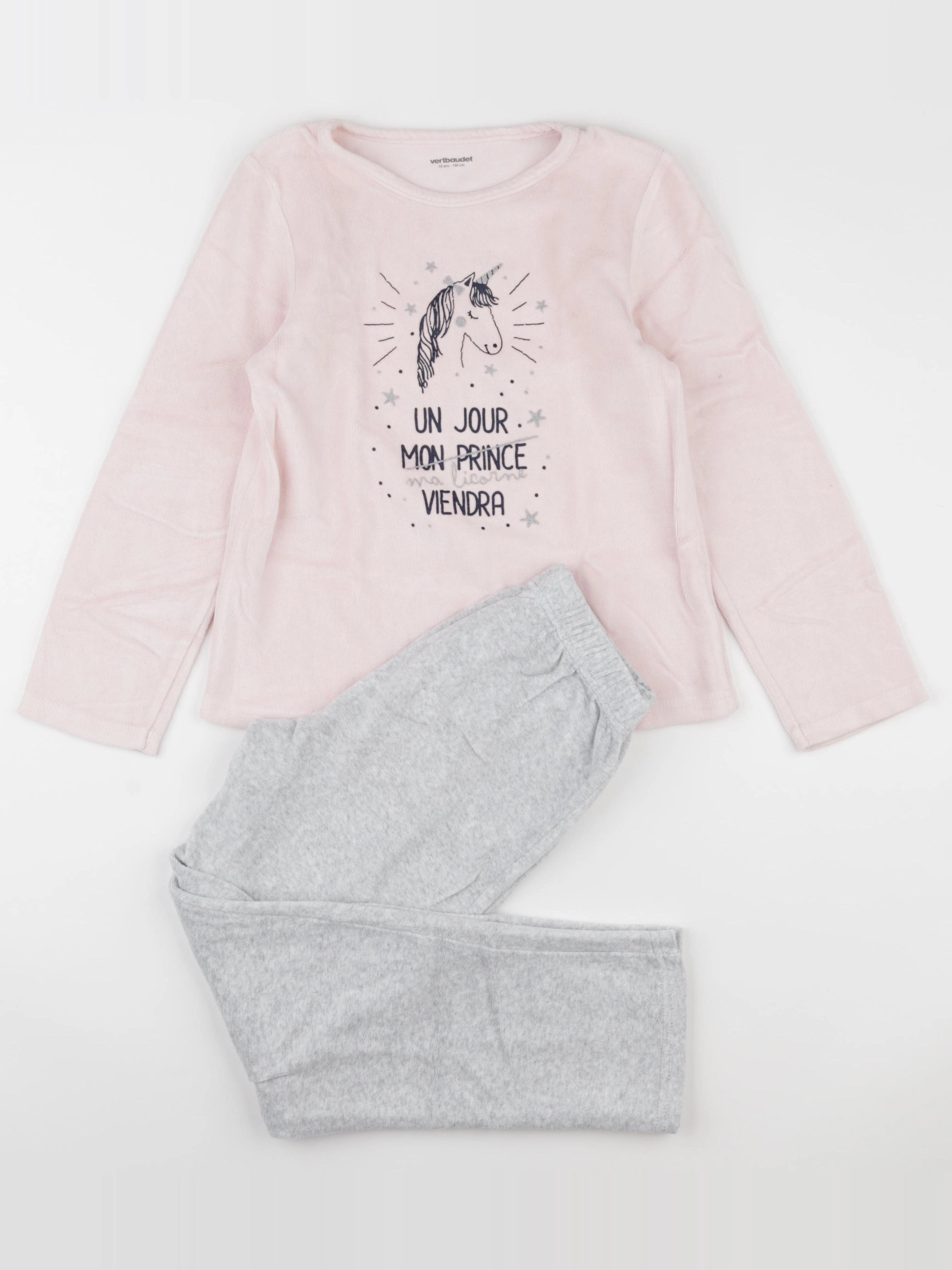 Vertbaudet - pyjama velours gris, rose - 10 ans