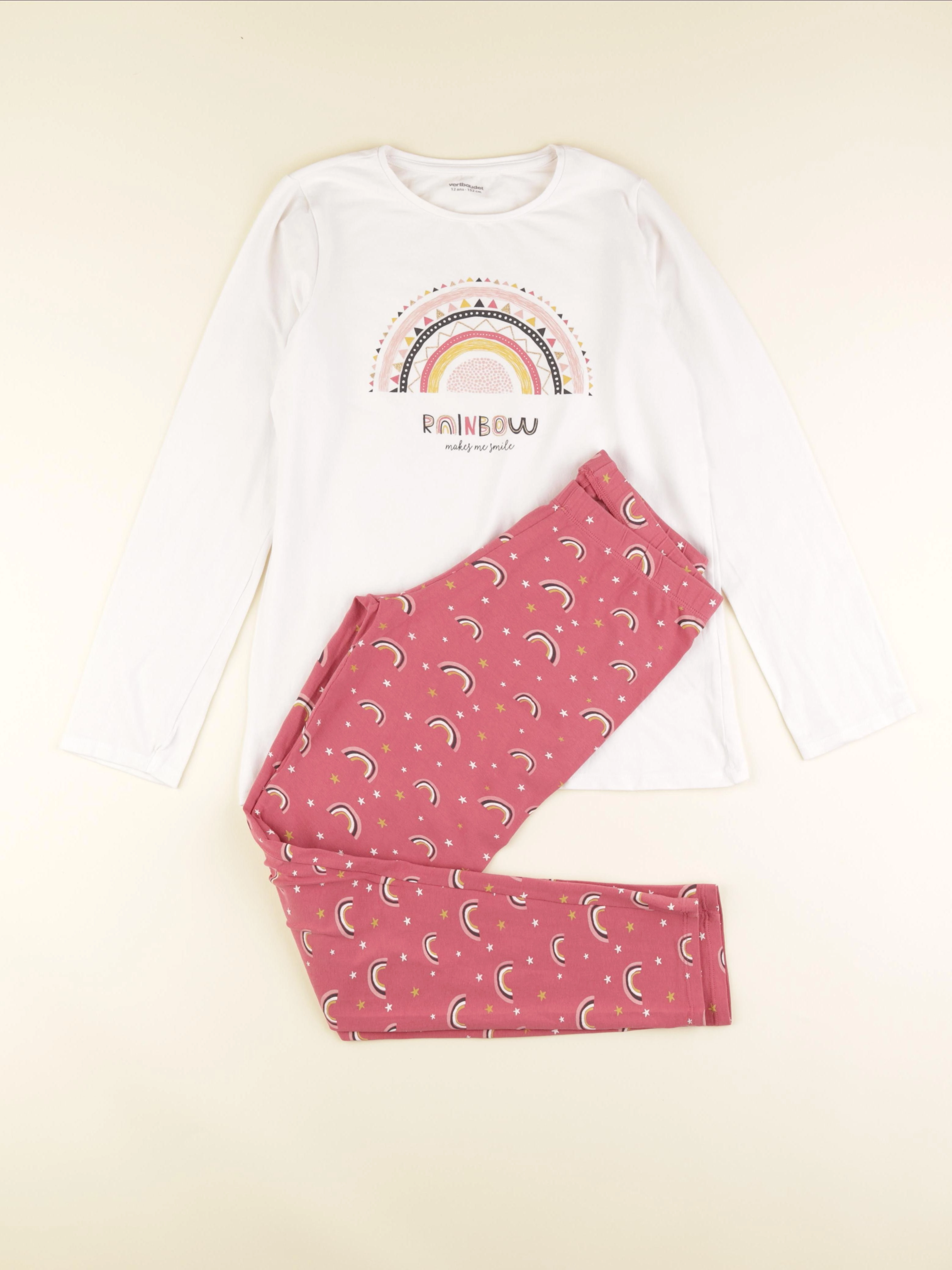 Vertbaudet - pyjama coton blanc, rose - 12 ans