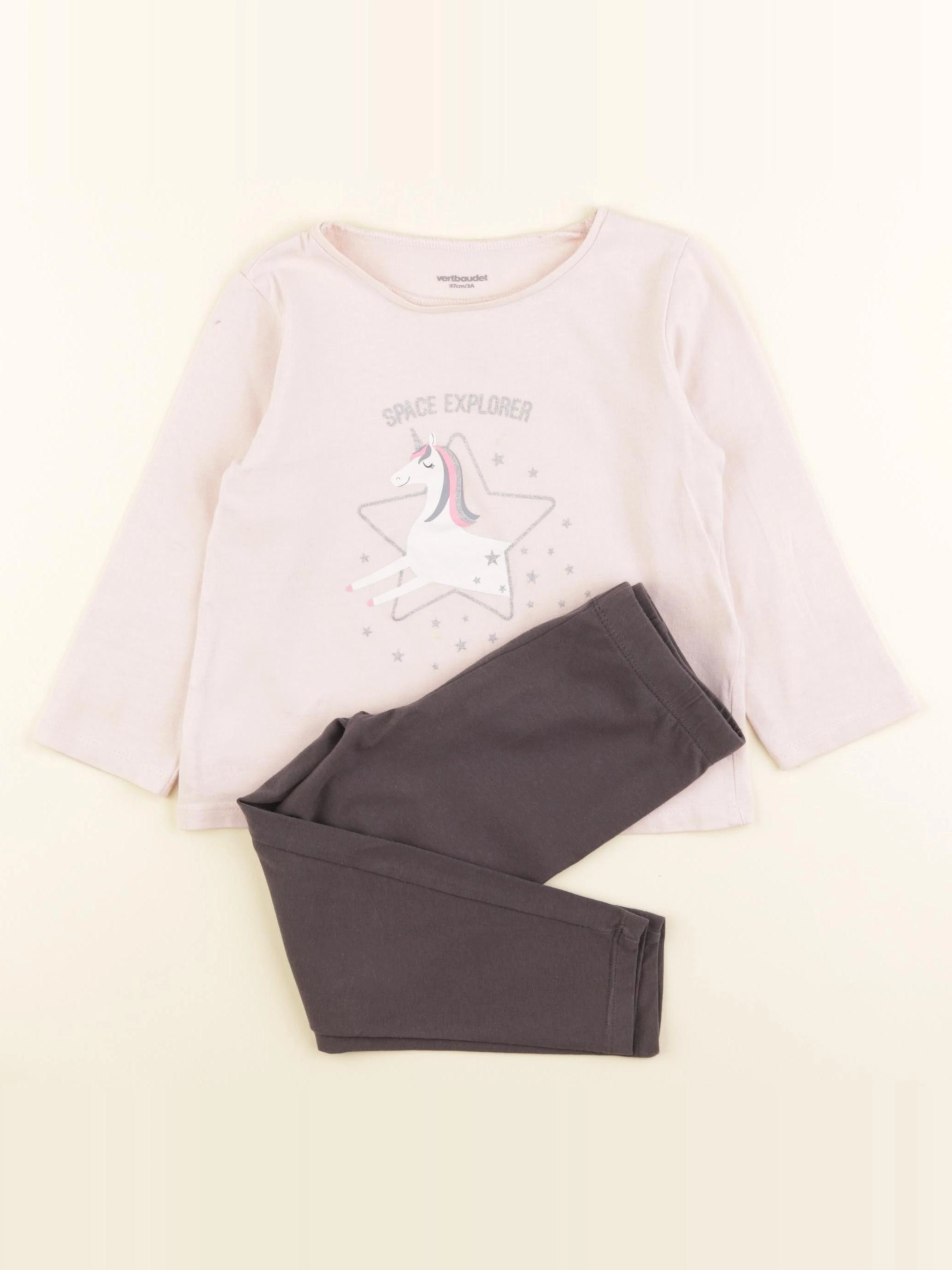 Vertbaudet - pyjama coton taupe, rose - 3 ans