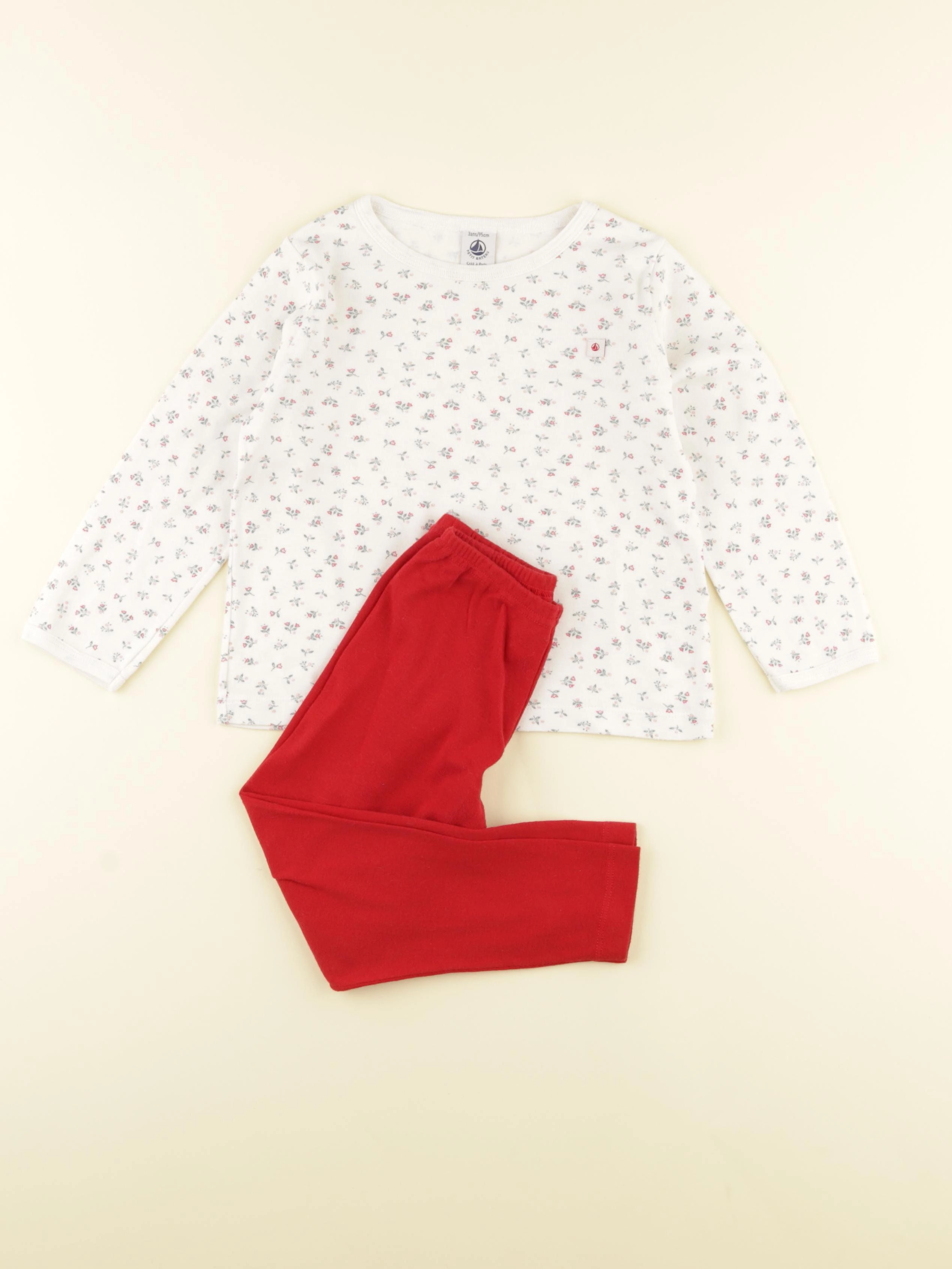 Petit Bateau - pyjama coton blanc, rouge - 3 ans