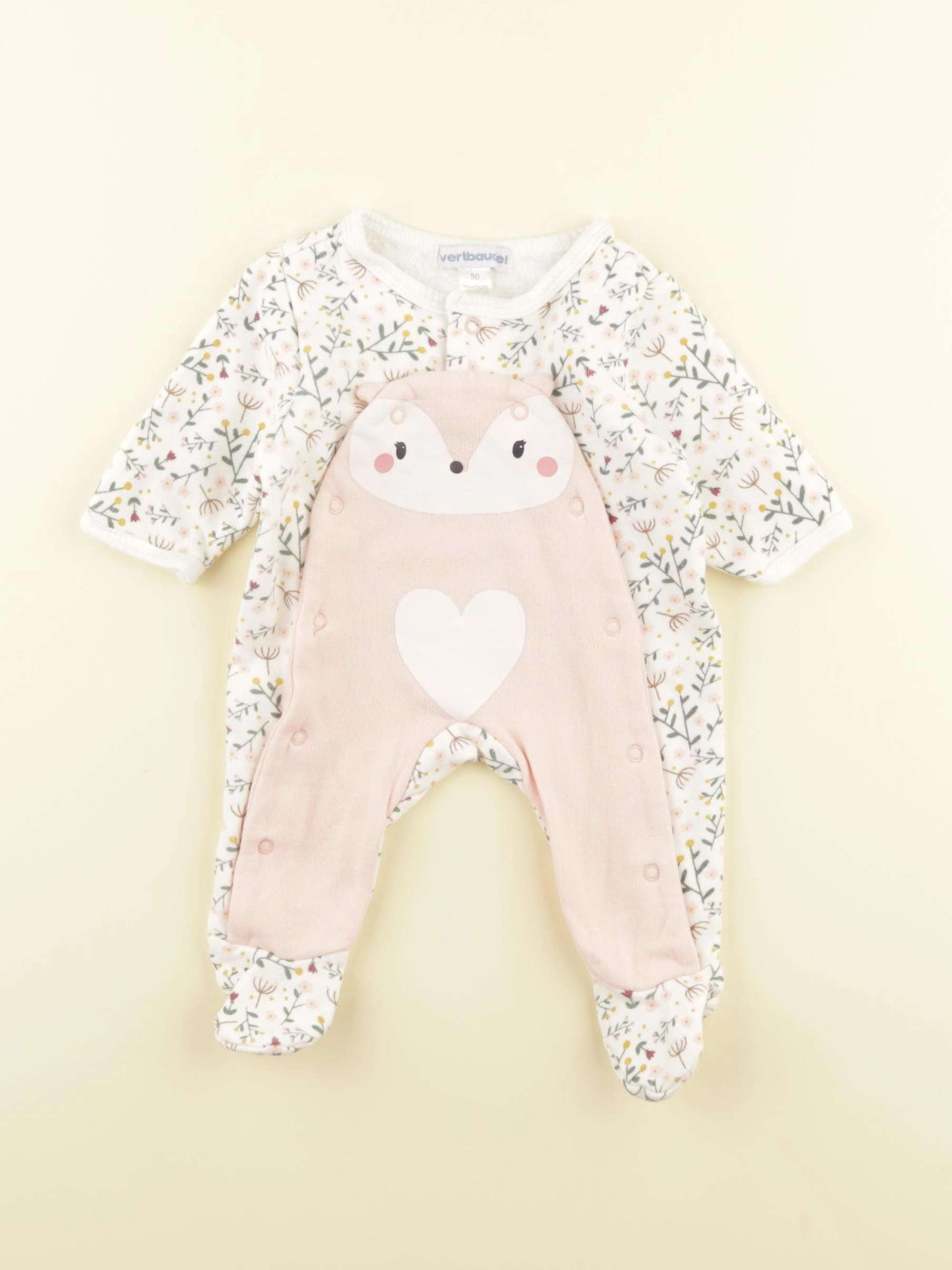 Vertbaudet - pyjama coton blanc, rose - 0 mois