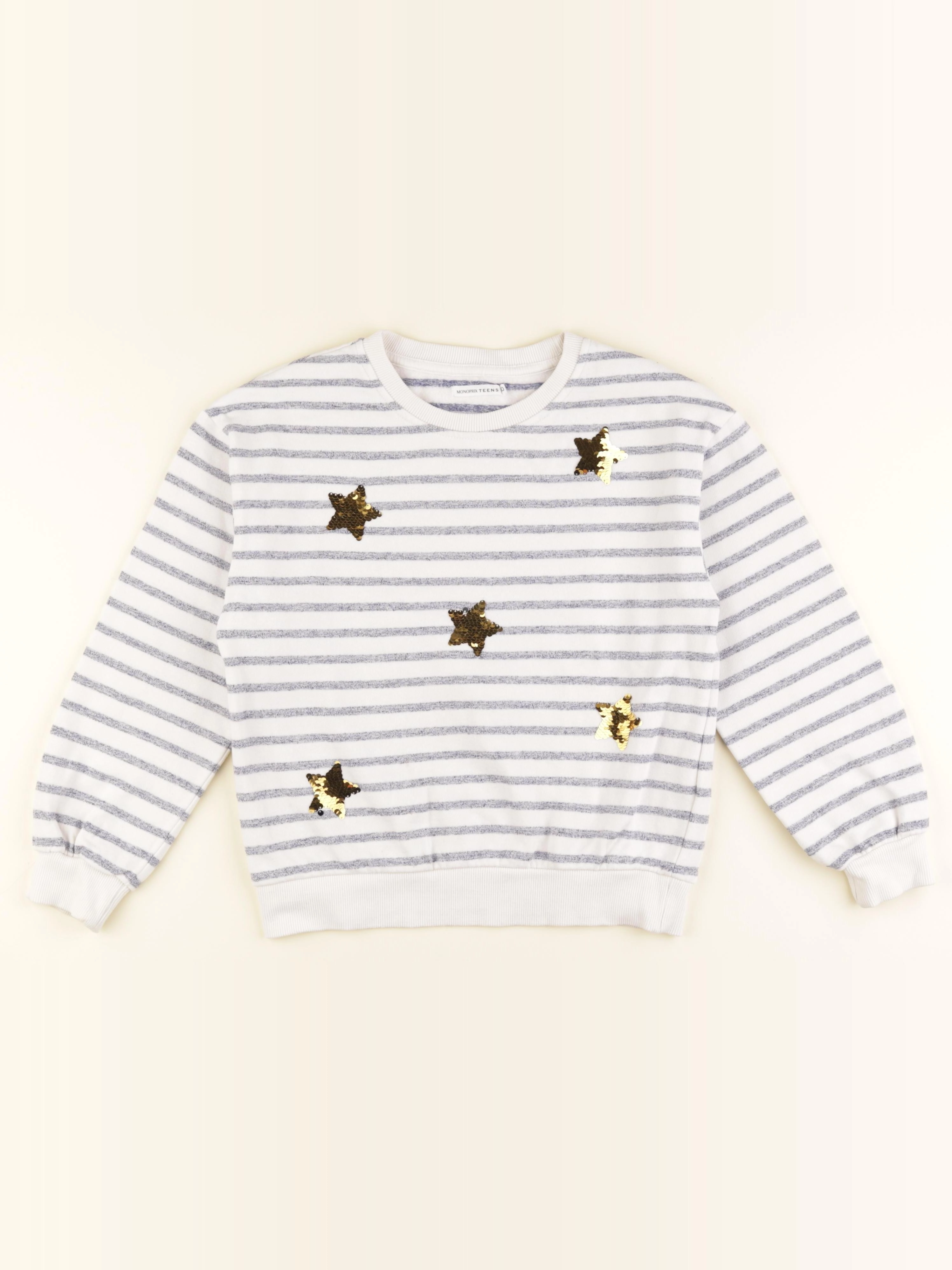 Monoprix - sweat bleu, blanc, or - 10 ans